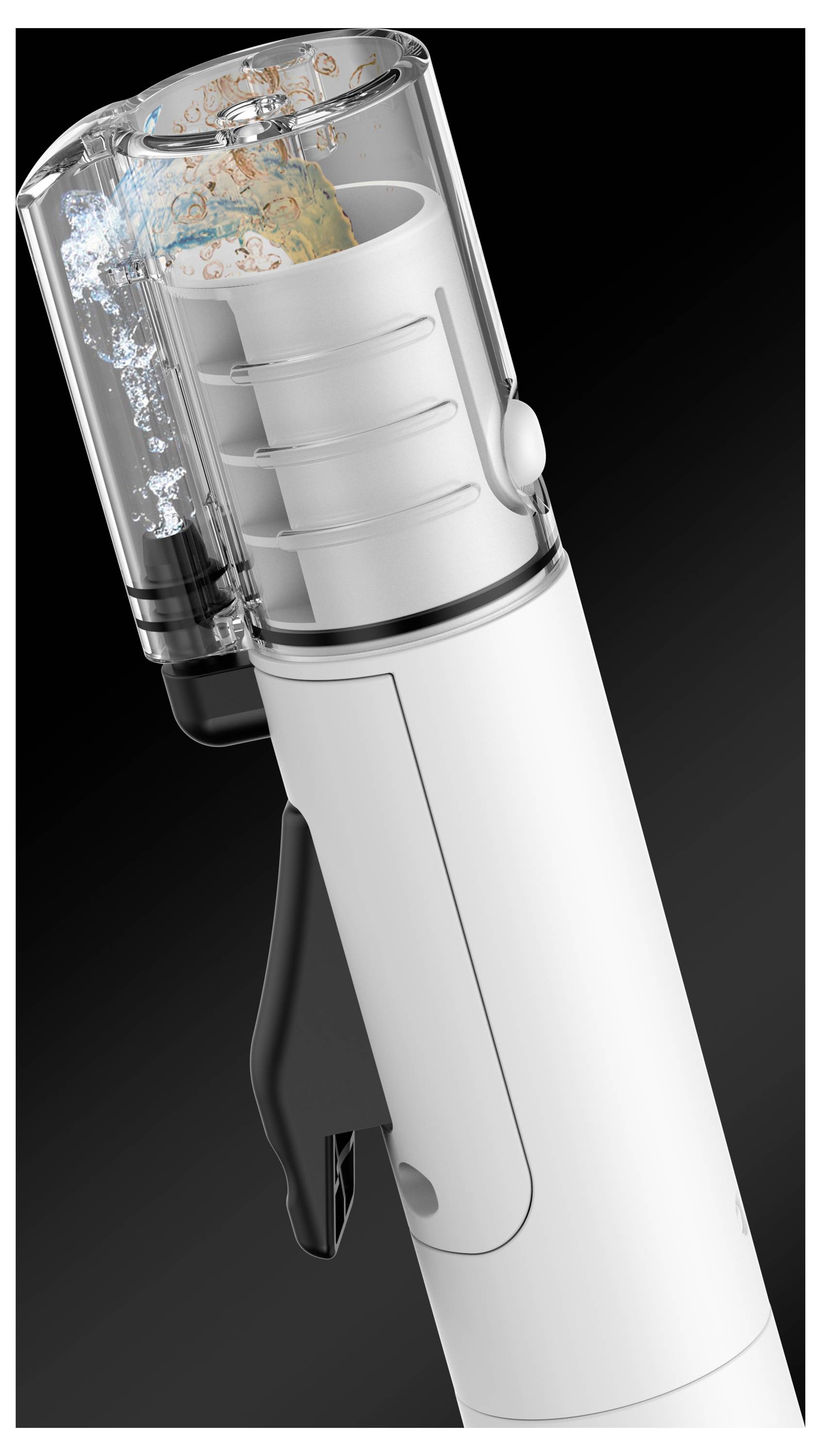 Un gros plan sur un appareil de nettoyage portable blanc avec un compartiment transparent montrant le mouvement d'une substance colorée et mouvante à l'intérieur.