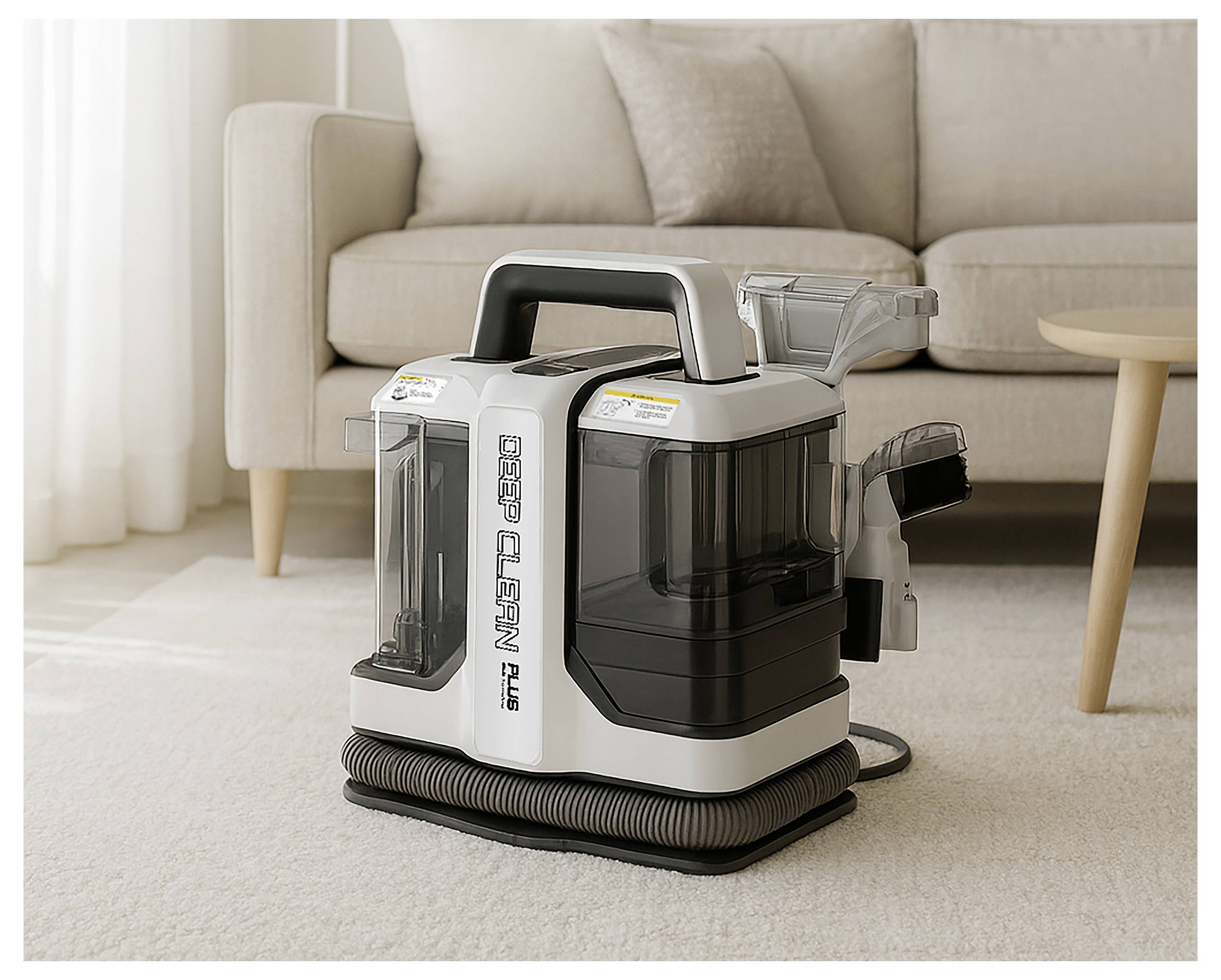 « Une machine aspirante portable pour nettoyage en profondeur sur un tapis beige près d'un canapé brun clair et d'une table en bois dans un cadre de salon chaleureux. »
