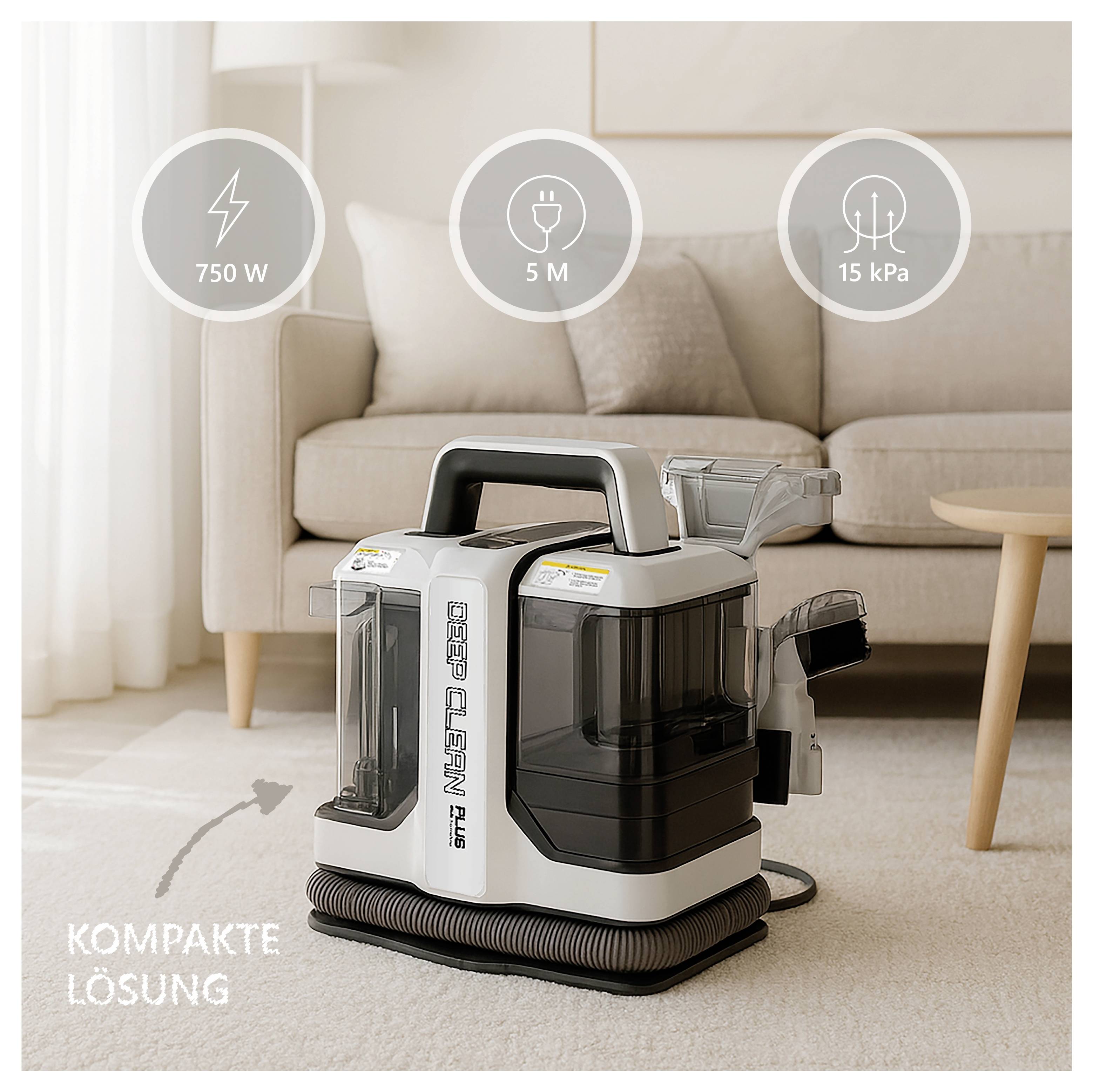 Un aspirateur compact sur un sol de salon, étiqueté 'Solution compacte'. Caractéristiques principales : 750 W, câble de 5 m, aspiration de 15 kPa.