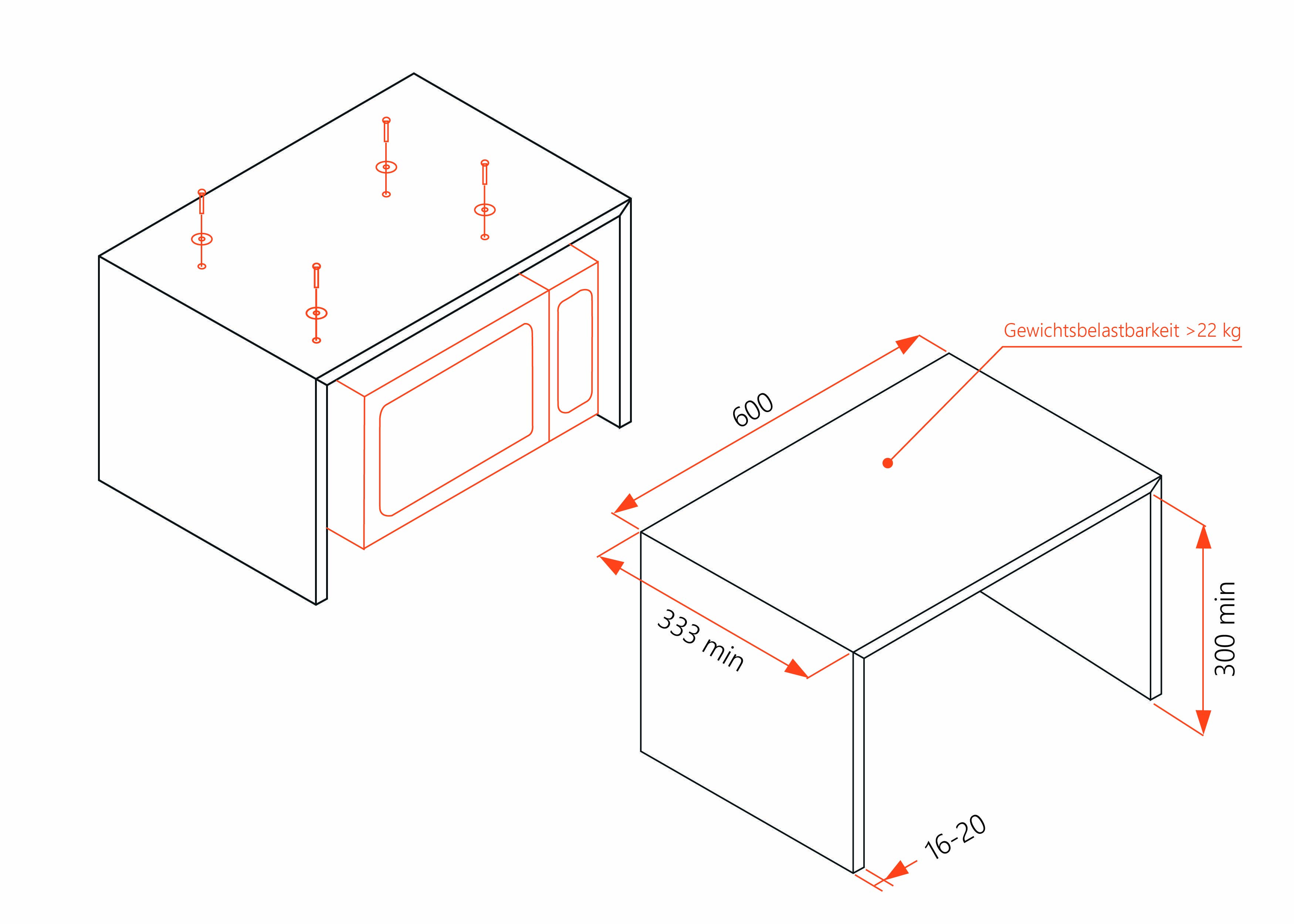 Schéma d'assemblage d'un support de micro-ondes indiquant les dimensions : 600 mm de largeur, 333 mm de profondeur, 300 mm de hauteur, et une capacité de charge de 22 kg.