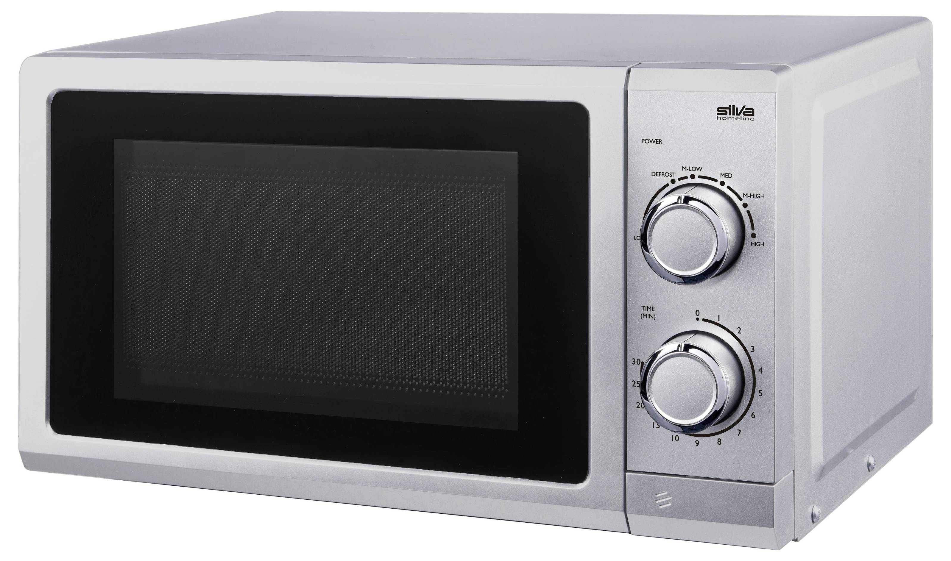 Un micro-ondes argenté avec une porte avant noire et deux boutons de commande sur le côté droit, posé sur un fond blanc uni.