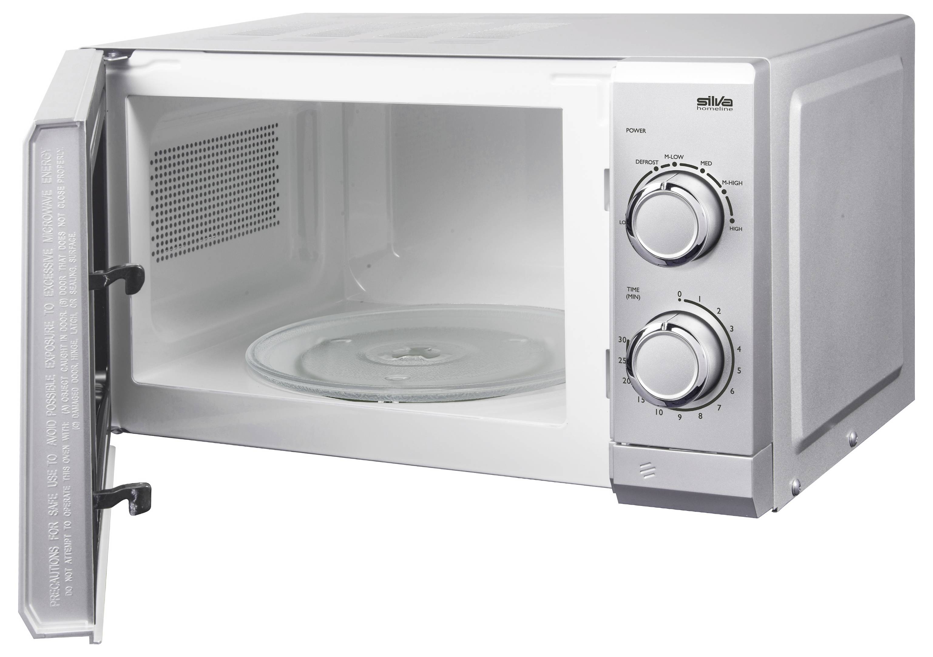 Un four à micro-ondes avec deux boutons de commande pour régler le temps et la puissance, présenté avec la porte ouverte, révélant le plateau tournant en verre à l'intérieur.