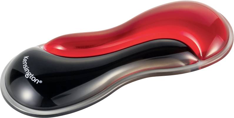 Un repose-poignets brillant rouge et noir portant l'étiquette 'Kensington', conçu pour offrir un support ergonomique lors de la frappe.