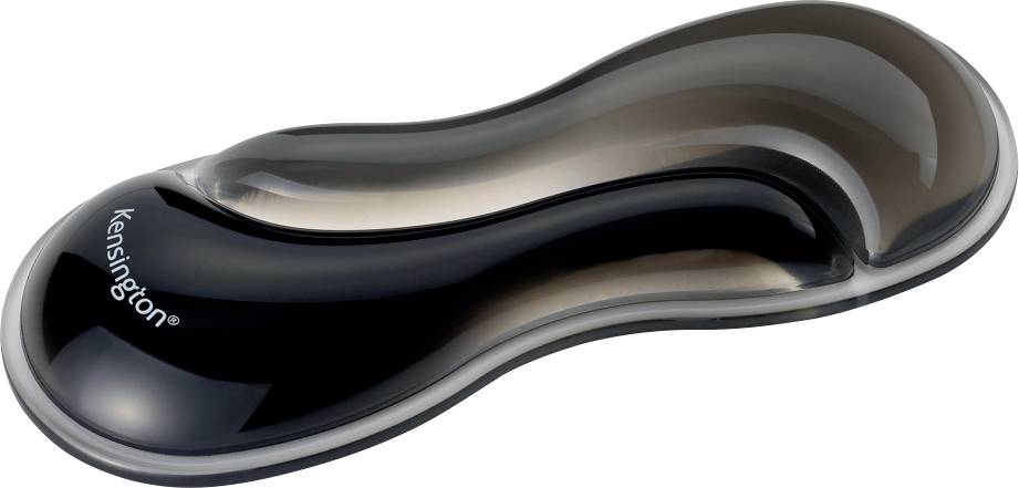 Repose-poignets noir ergonomique pour clavier d'ordinateur, avec une forme incurvée et la marque « Kensington ».