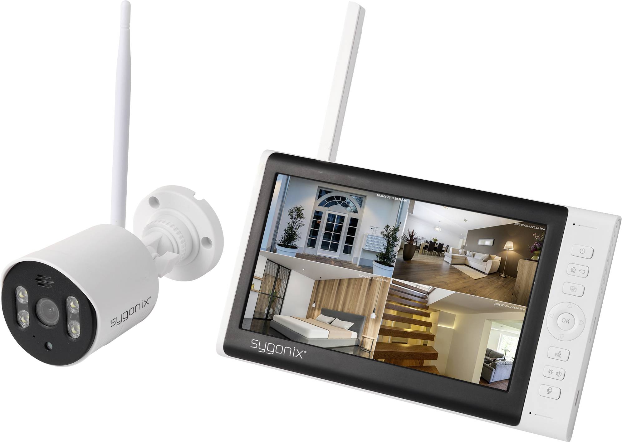 Système de caméra de surveillance sans fil présenté avec une application smartphone et un moniteur intérieur affichant les vues de surveillance en direct de la maison.