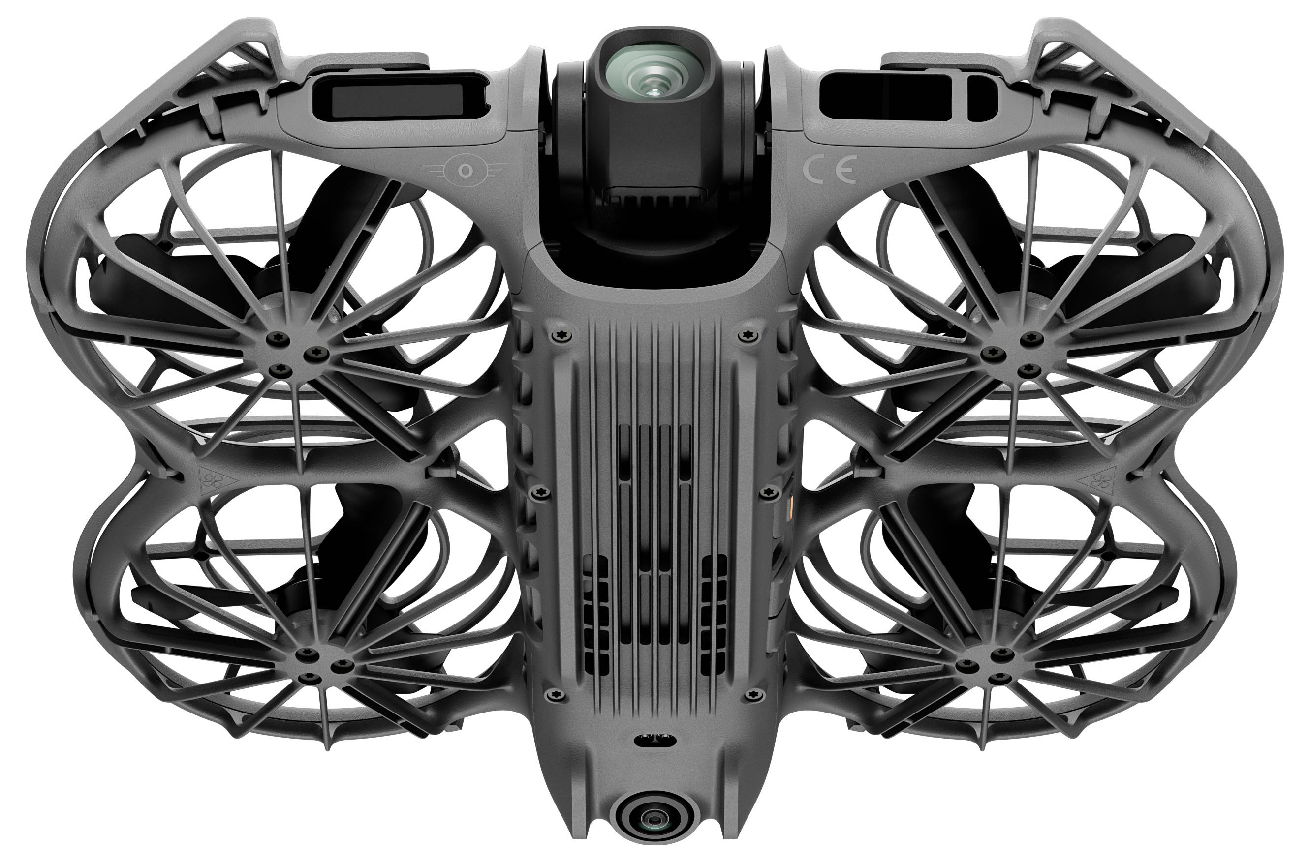 Un drone compact à quatre hélices avec des cadres de protection est présenté du dessous, doté d'une caméra centrale et d'un design élégant et moderne.