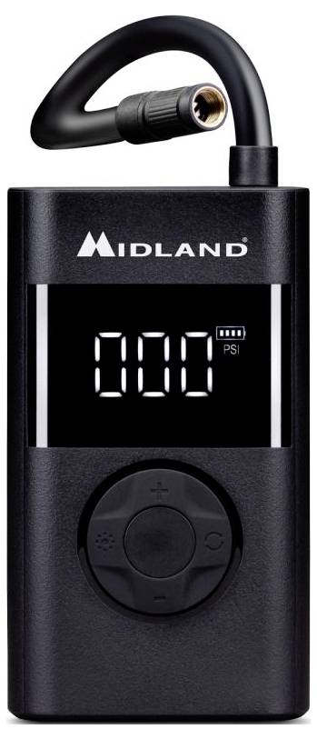 Un gonfleur de pneus numérique noir avec un affichage indiquant « 000 PSI », un bouton de réglage et un tuyau d'air raccordé. La marque inscrite est « Midland ».