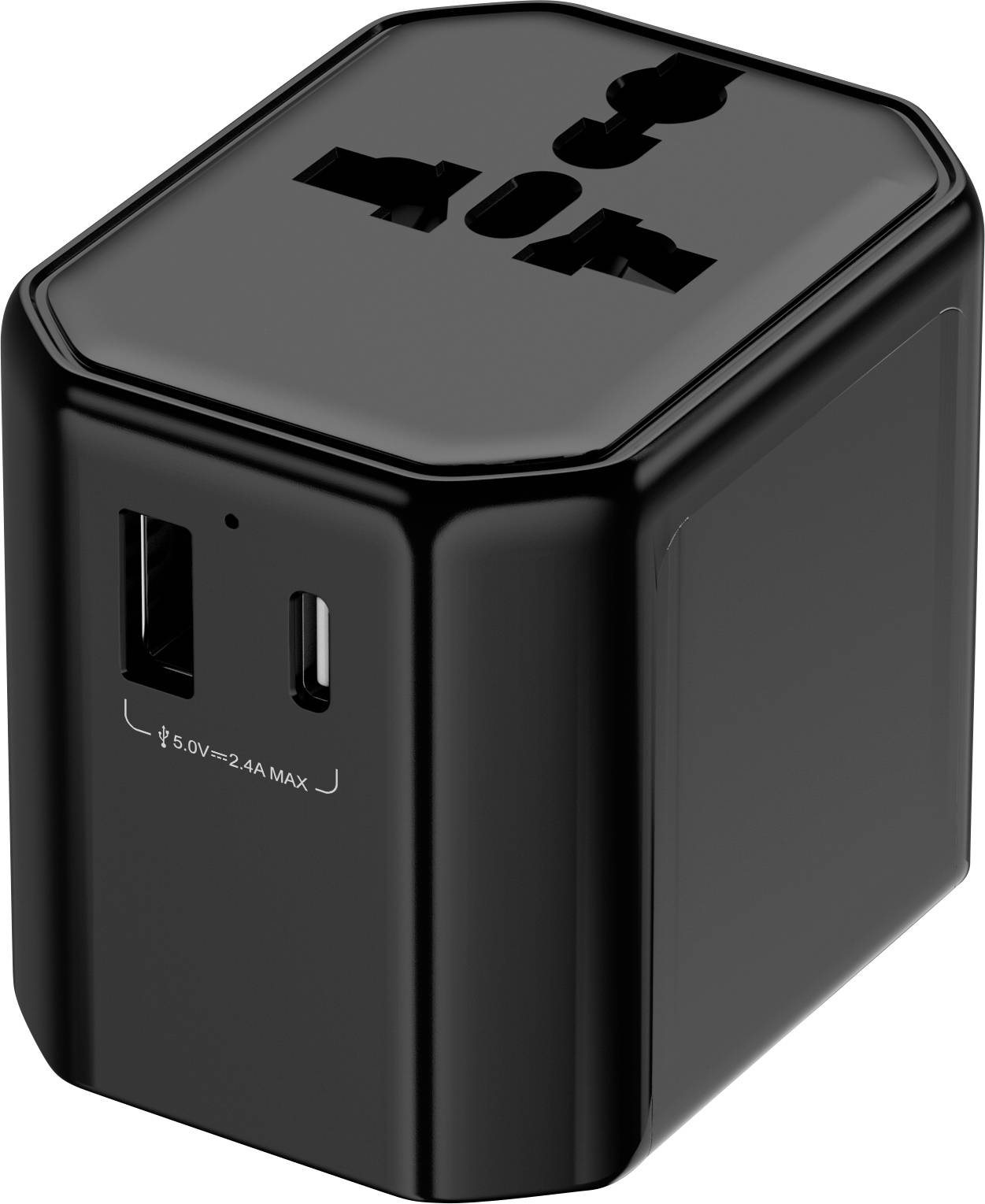 Un adaptateur de voyage universel noir avec plusieurs options de prises et ports USB, adapté pour charger divers appareils électroniques.