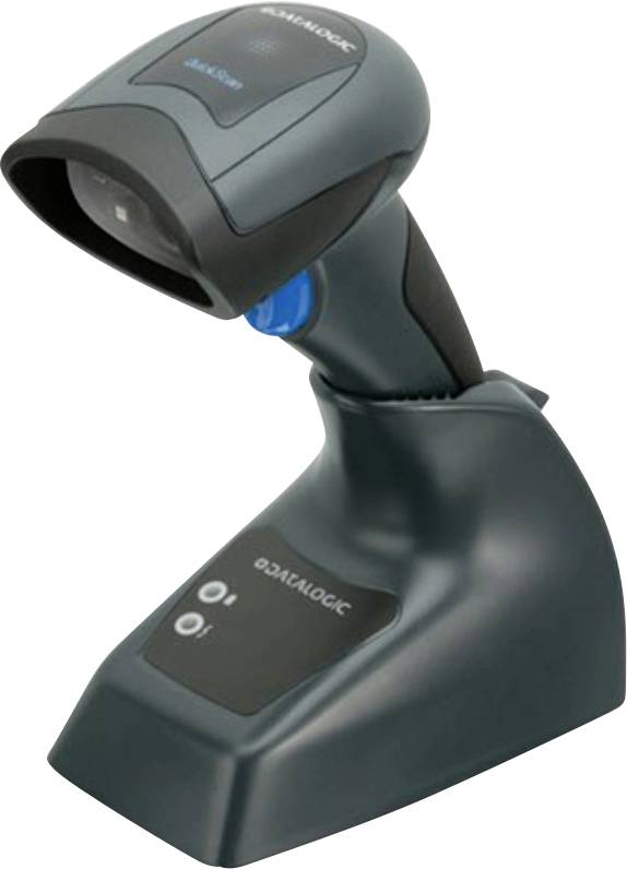 Un scanner de codes-barres portable avec une base de chargement, principalement utilisé pour scanner les codes-barres de produits dans les environnements de vente au détail ou de gestion des stocks.