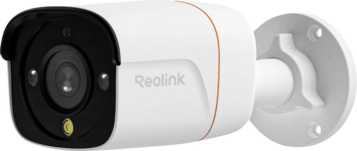 Une caméra de sécurité Reolink blanche montée sur un mur, avec un avant noir doté d'un objectif et d'un voyant LED, conçue pour la surveillance extérieure.