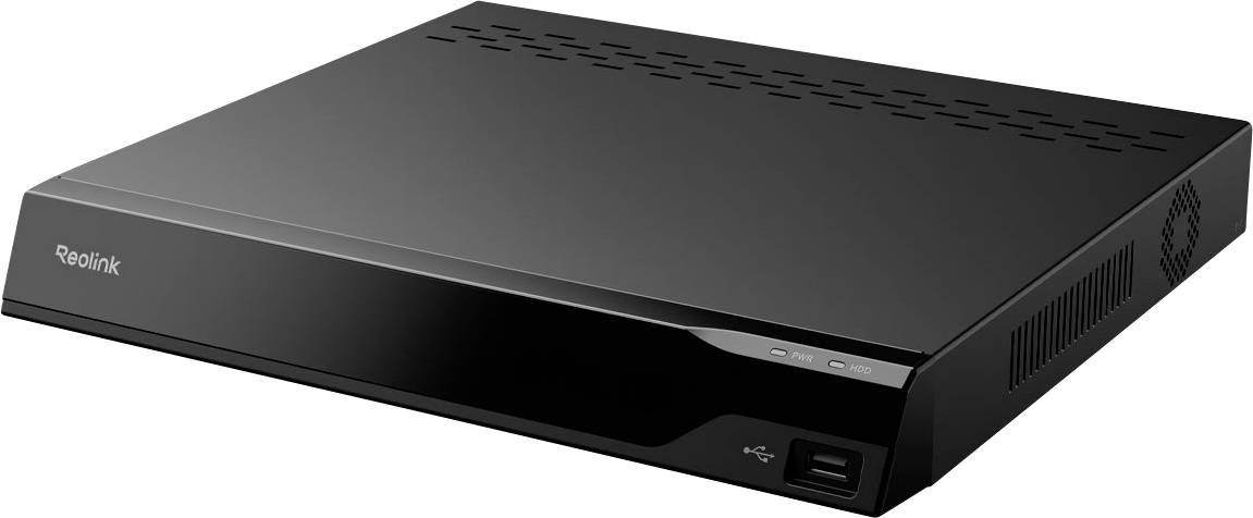 Un enregistreur vidéo réseau (NVR) élégant et noir, doté d'un port USB et de grilles de ventilation, conçu pour les systèmes de vidéosurveillance et de sécurité.