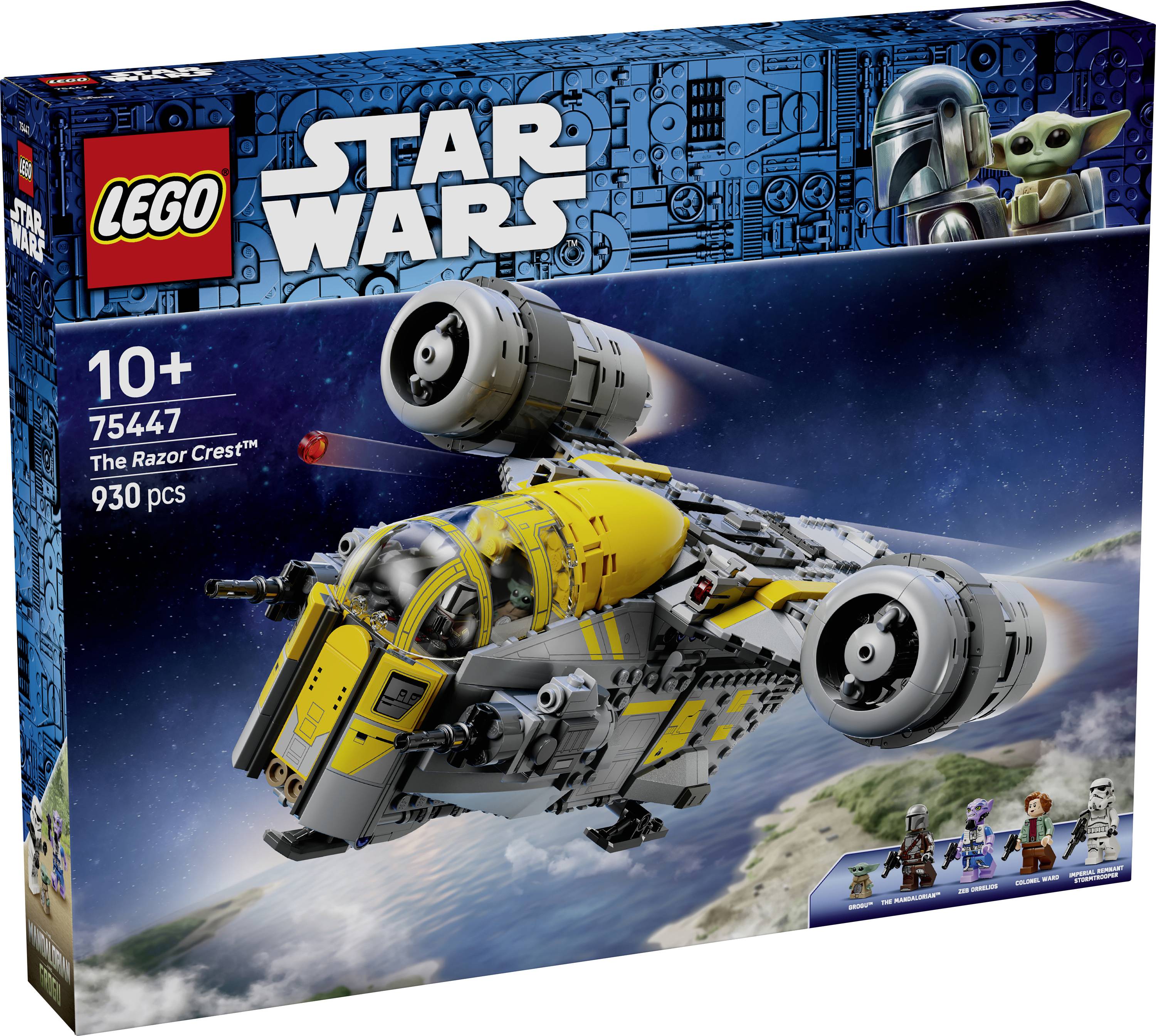 Boîte de set LEGO pour « Star Wars : The Razor Crest », présentant le vaisseau sur un fond spatial, marquée « 10+ », 930 pièces.
