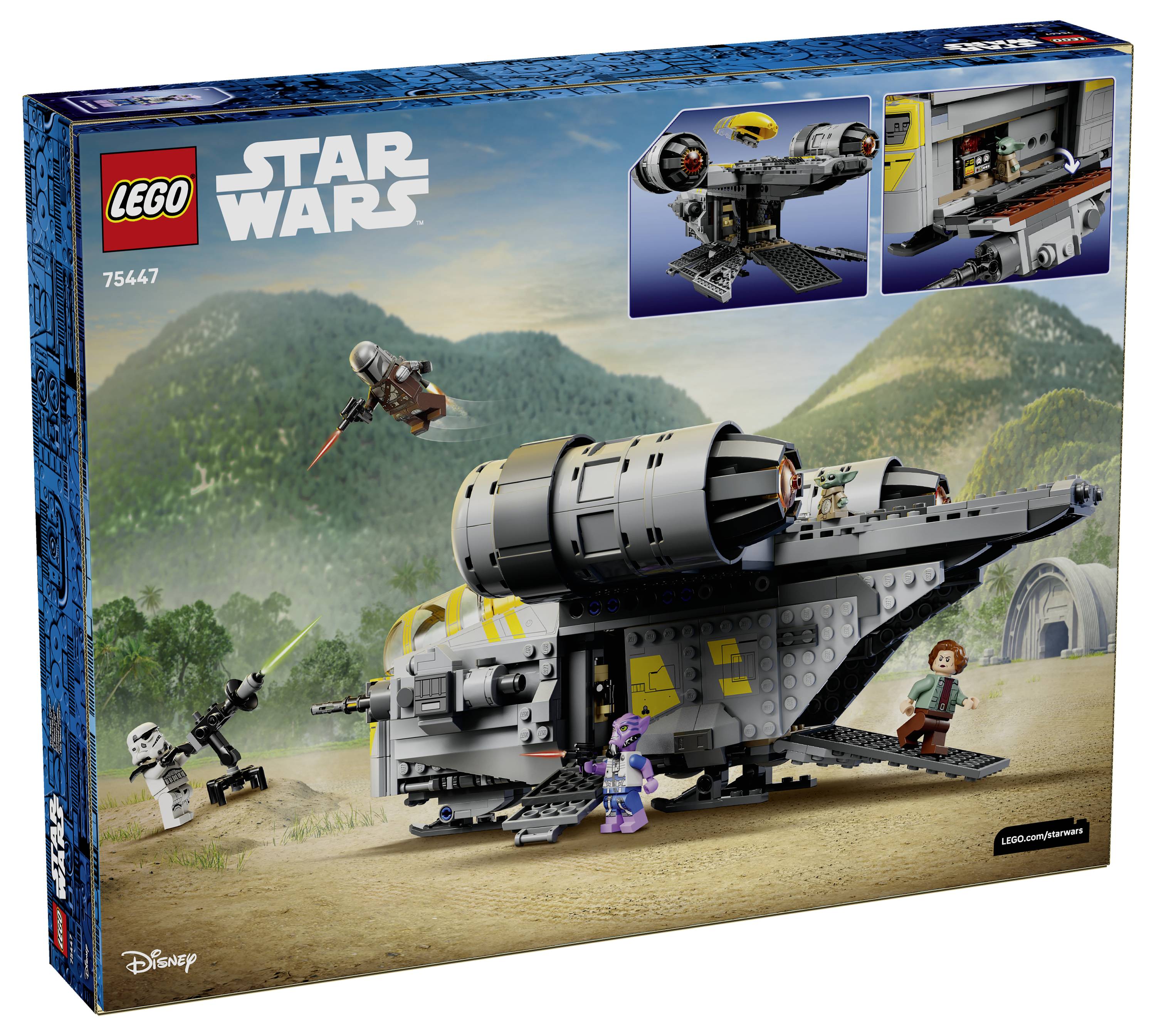 Boîte de set LEGO montrant un vaisseau spatial Star Wars avec des personnages et un fond désertique. Comprend de petites images insérées des fonctionnalités de jeu.