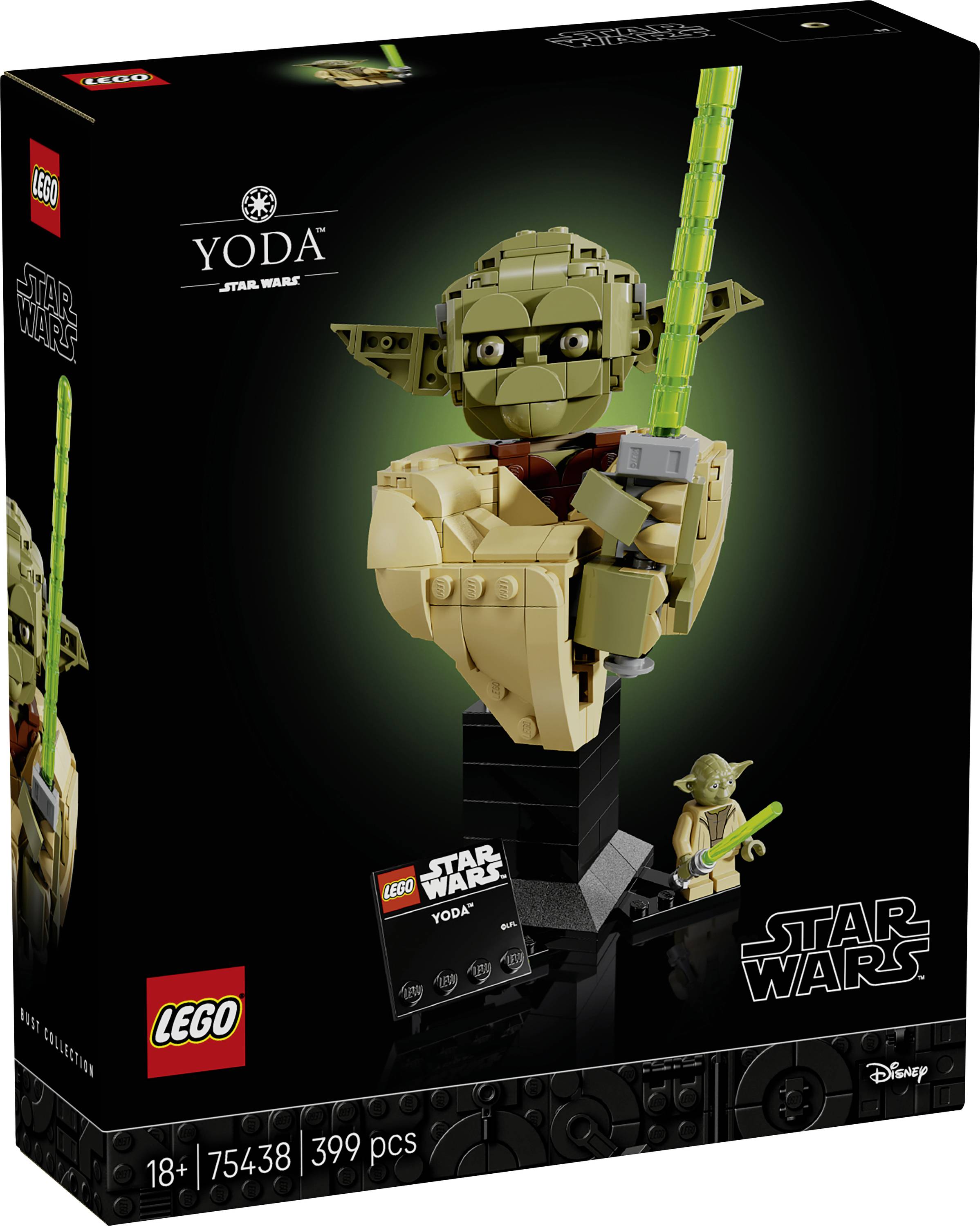 Ensemble LEGO Star Wars Yoda, 399 pièces, pour les âges 18+, comprenant une figurine Yoda détaillée et constructible avec un sabre laser vert.