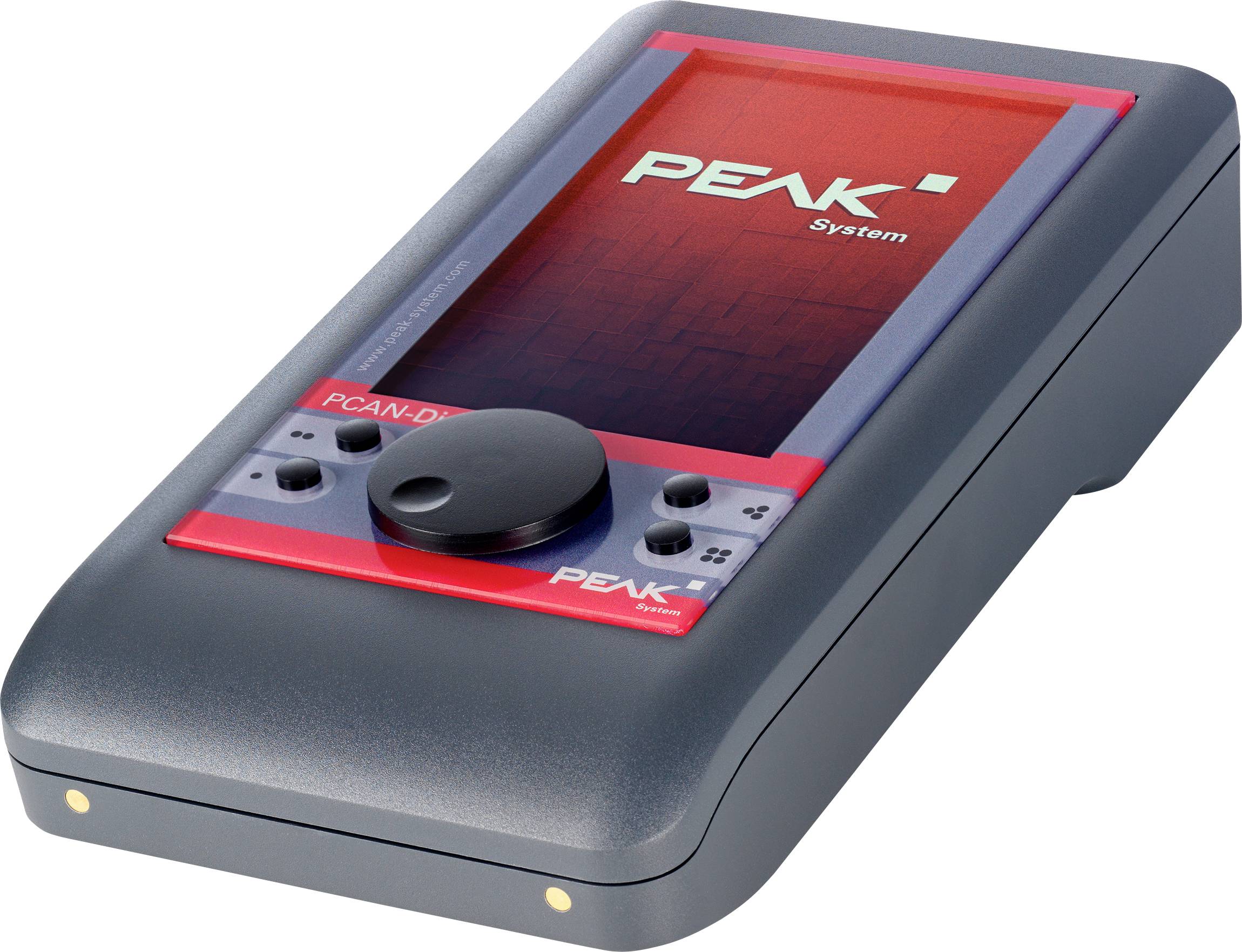 Un appareil électronique rectangulaire avec un bouton et un écran affichant « PEAK System », utilisé à des fins diagnostiques dans les systèmes de communication des véhicules.