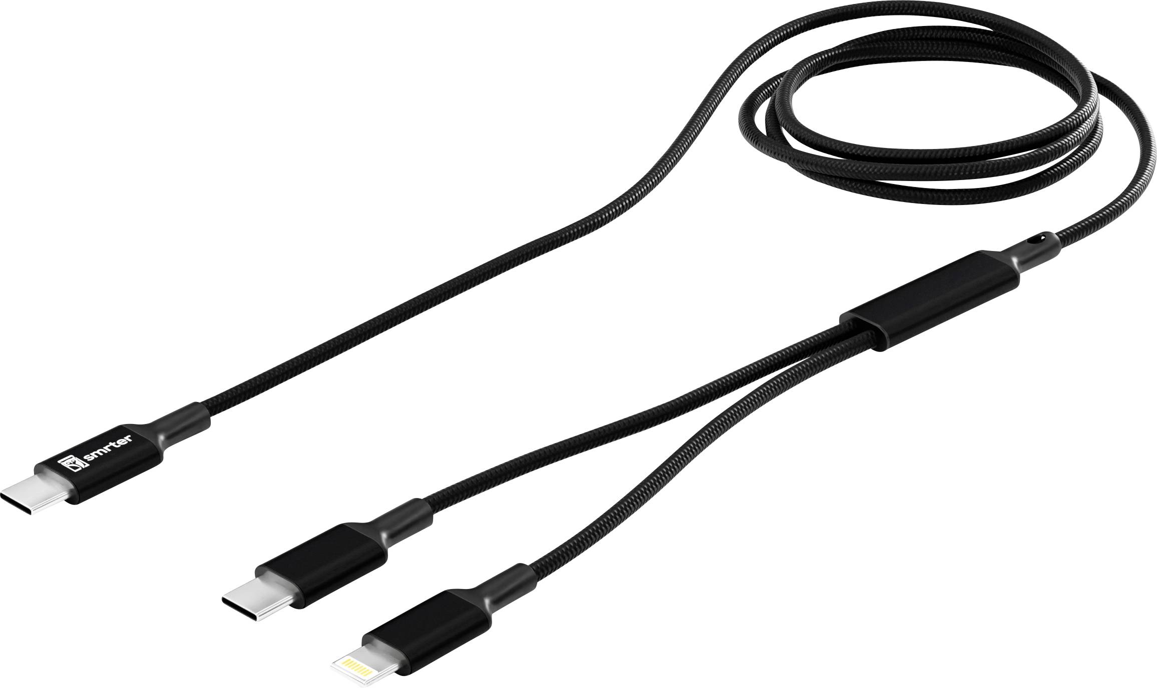 Un câble de charge noir 3-en-1 avec connecteurs USB-C, Lightning et Micro-USB, adapté à différents types d'appareils.