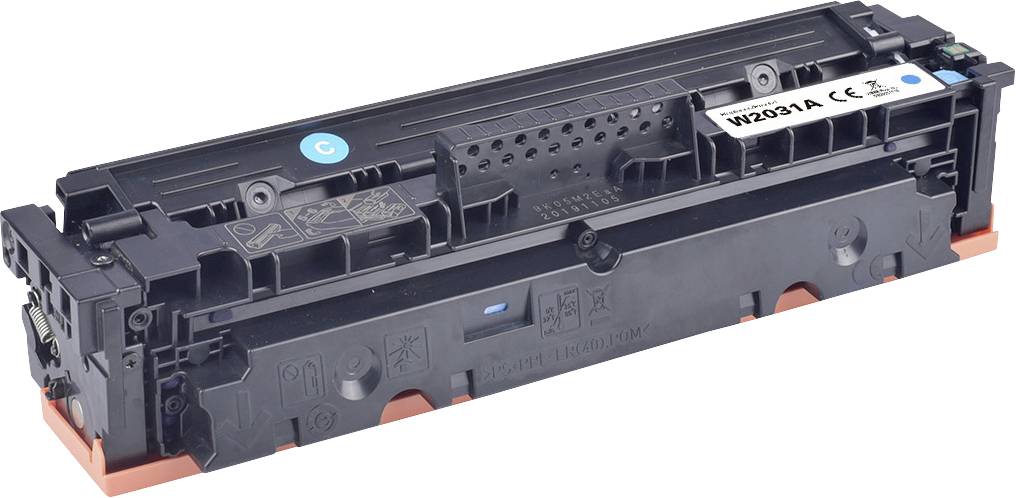 Une cartouche de toner pour imprimante noire et orange avec une étiquette affichant « W2031A » et des symboles indiquant sa compatibilité et ses spécifications.