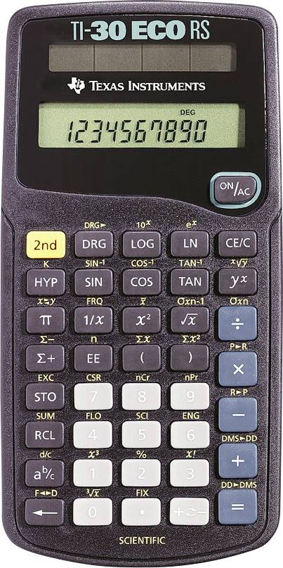 Une calculatrice scientifique avec des touches pour différentes fonctions mathématiques et un écran affichant les chiffres « 1234567890 ».