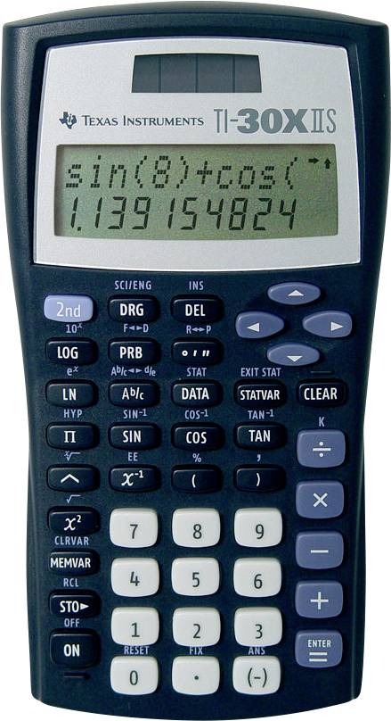 Calculatrice scientifique affichant 'Sin(8)+cos(' sur l'écran avec un résultat de '1,139154824'.