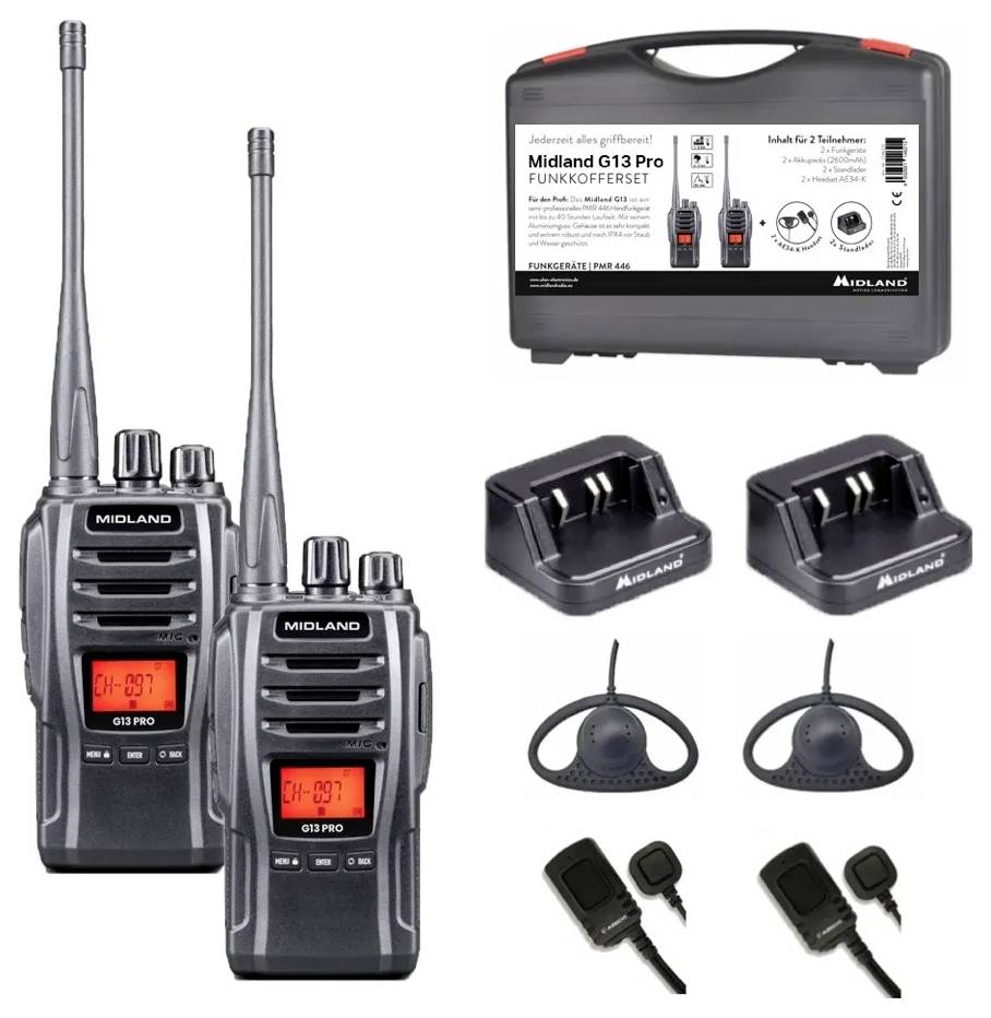 Ensemble de talkie-walkies 'Midland G13 Pro' avec deux postes de radio, chargeurs, écouteurs et accessoires, adapté pour la communication professionnelle.