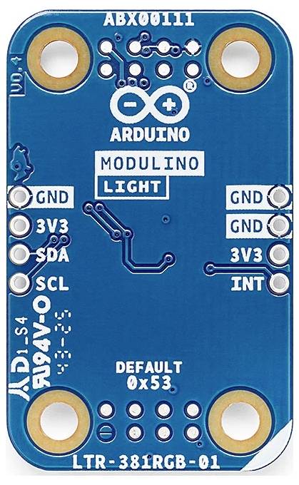 Circuit board étiqueté 'Arduino Modulino Light' avec points de connexion pour GND, 3V3, SDA, SCL, et une adresse par défaut '0x53'.