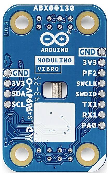 Module électronique 'Arduino Moduino Vibro' présentant des connecteurs étiquetés GND, 3V3, PF2, et d'autres ; utilisé pour la détection de vibrations.