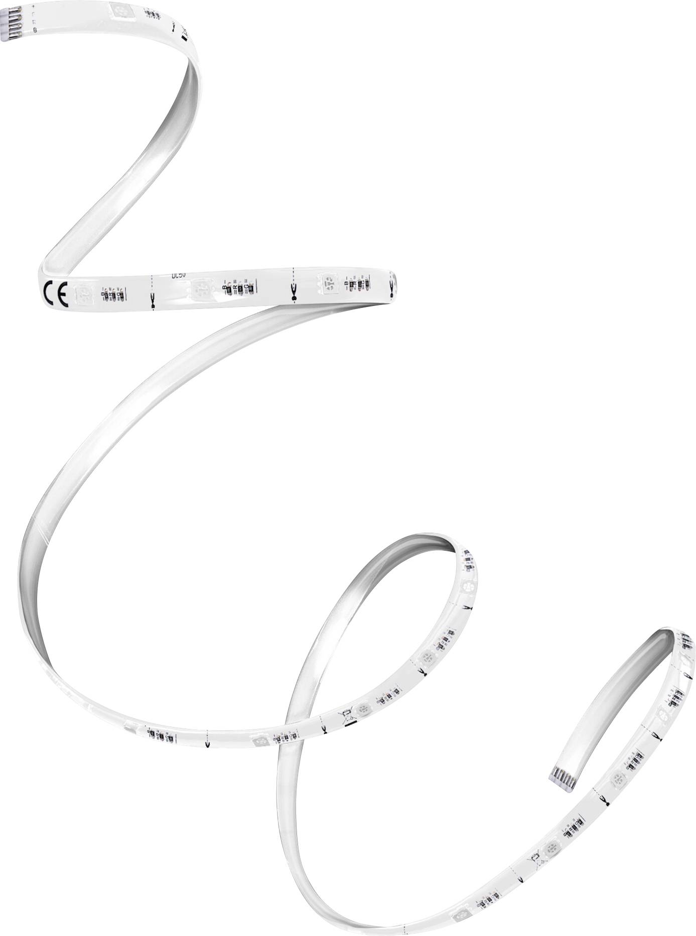 Une bande lumineuse LED blanche enroulée, avec des marquages et du texte imprimés en noir, démontrant sa flexibilité et sa longueur potentielle pour des applications d'éclairage.