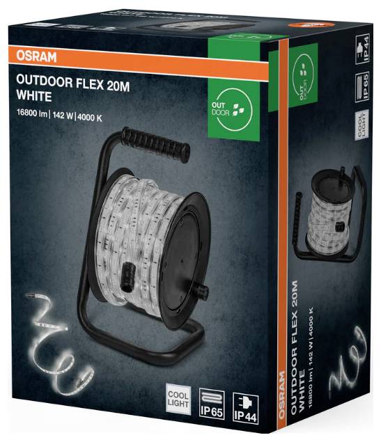Bobine de lumière LED OSRAM Outdoor Flex 20M blanche ; 16800 lm, 142 W, 4000 K. Les caractéristiques incluent IP65, IP44 et « Cool Light ».