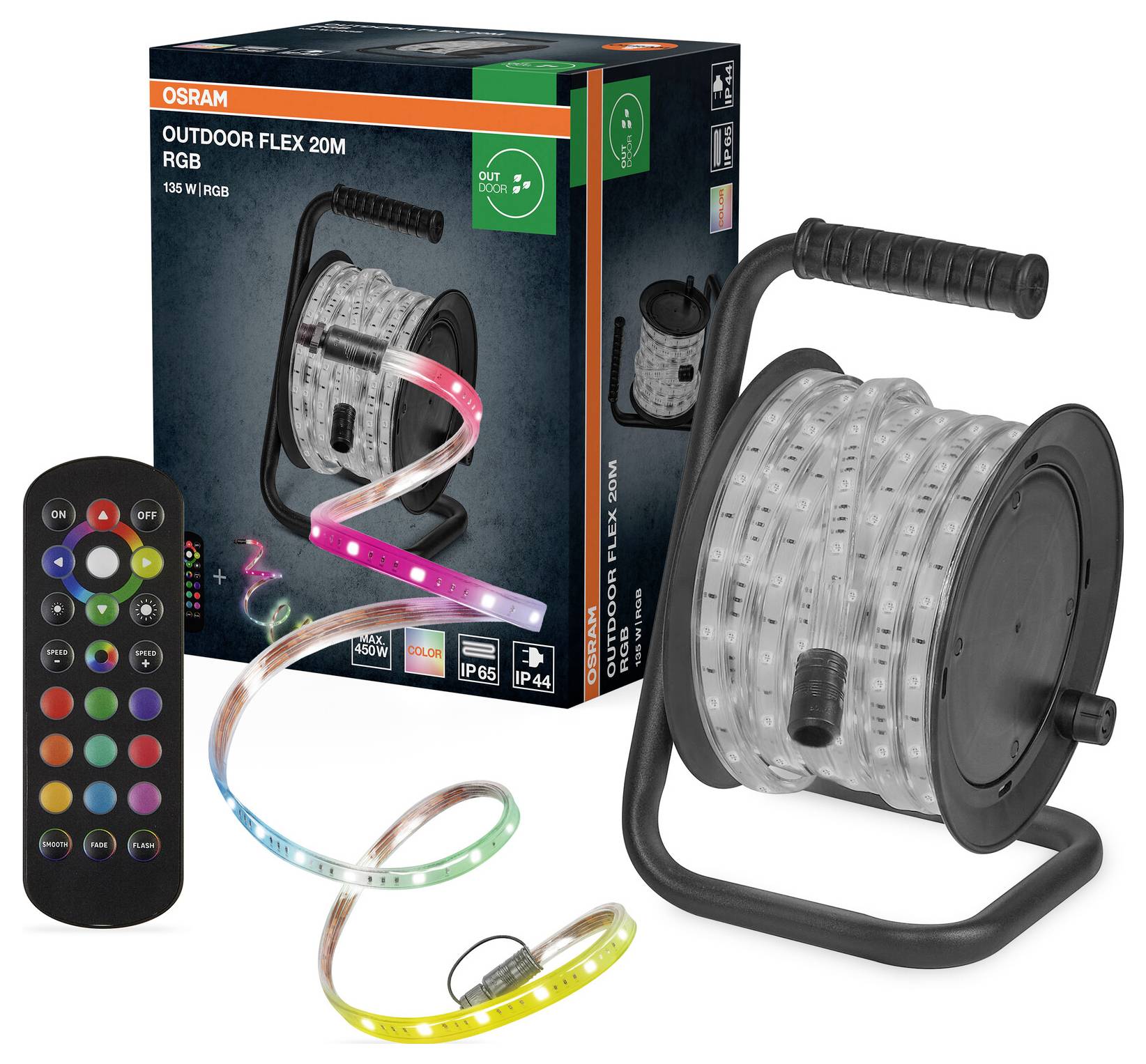 Bobine lumineuse LED 'OSRAM Outdoor Flex 20M RGB' avec télécommande, présentant ses capacités de changement de couleur, devant son emballage de produit.
