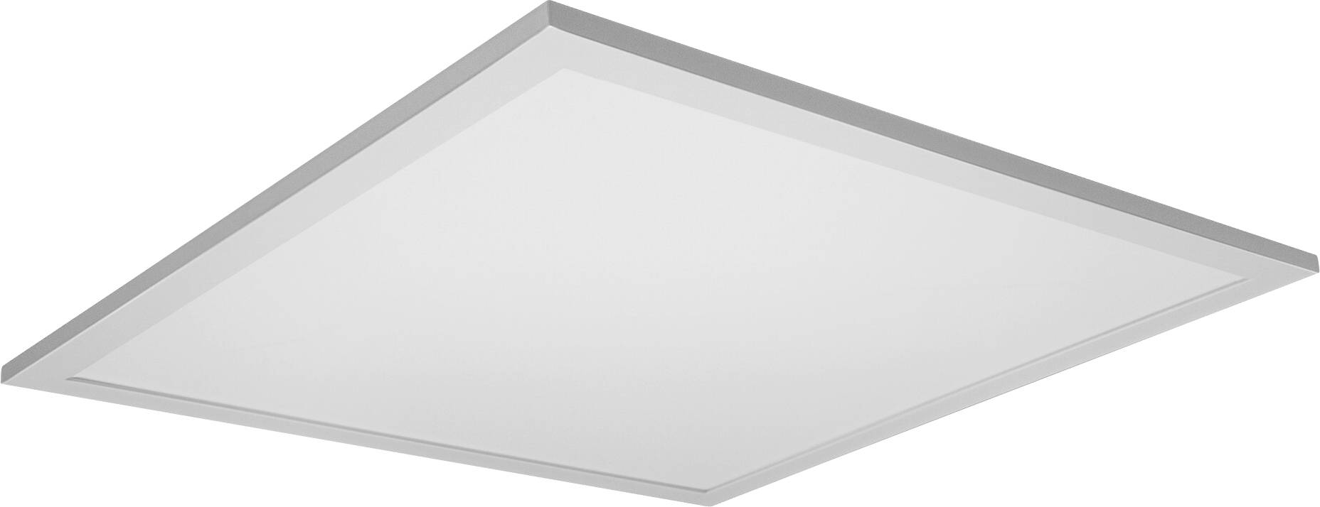 Un panneau LED carré pour plafond avec un diffuseur de lumière blanche, conçu pour un éclairage uniforme, intégré dans un cadre minimaliste argenté.