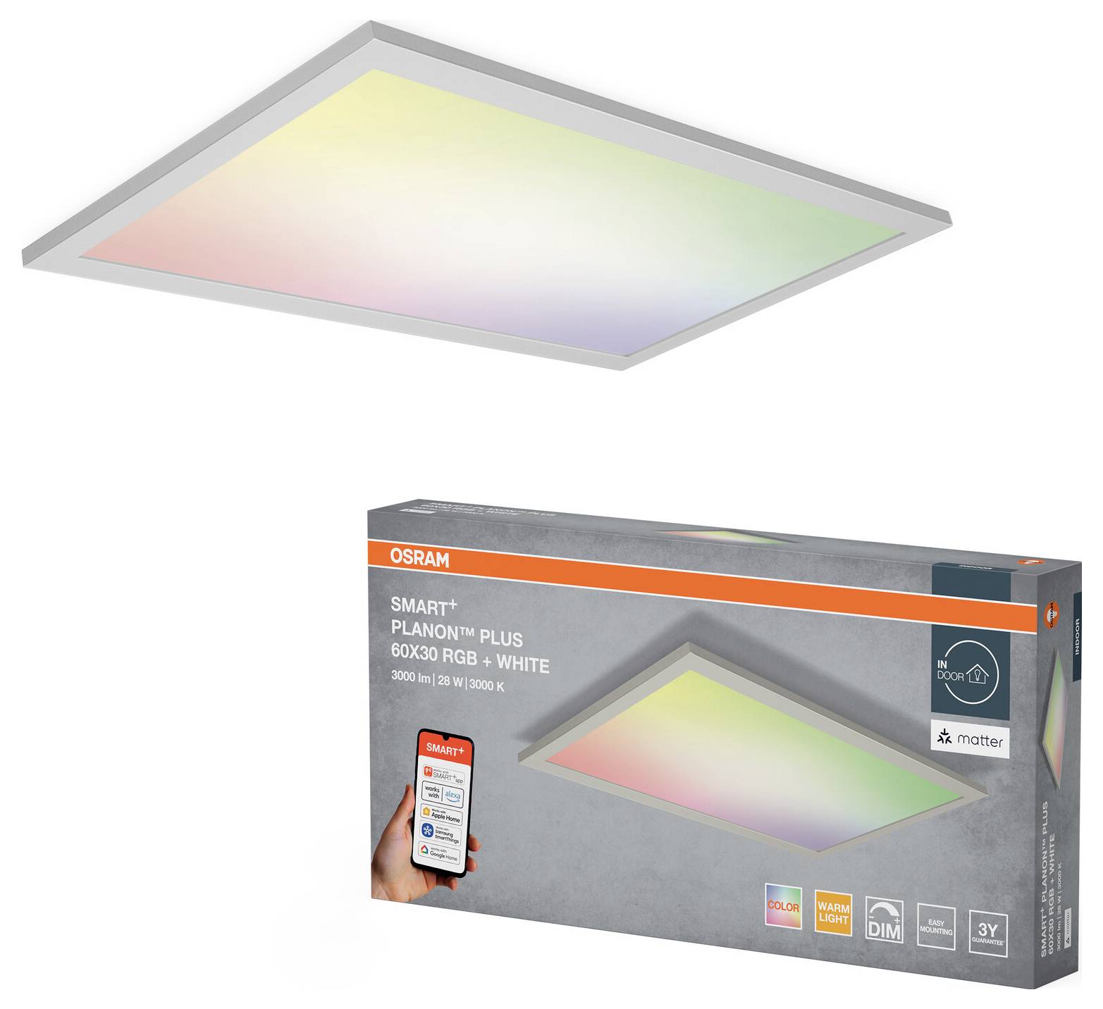 Un panneau lumineux à LED carré avec capacité multicolore, accompagné de son emballage mettant en valeur l'éclairage et soulignant l'intégration dans la maison intelligente.