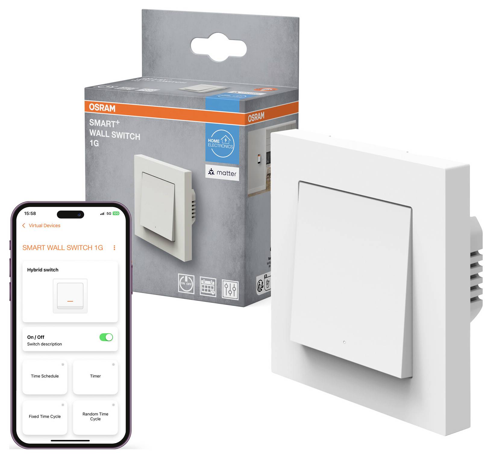 Boîte de commutateur mural intelligent et affichage de l'appareil. Le coffret comprend l'interrupteur Osram avec des logos de compatibilité. Écran de smartphone affichant l'interface de l'application de contrôle.