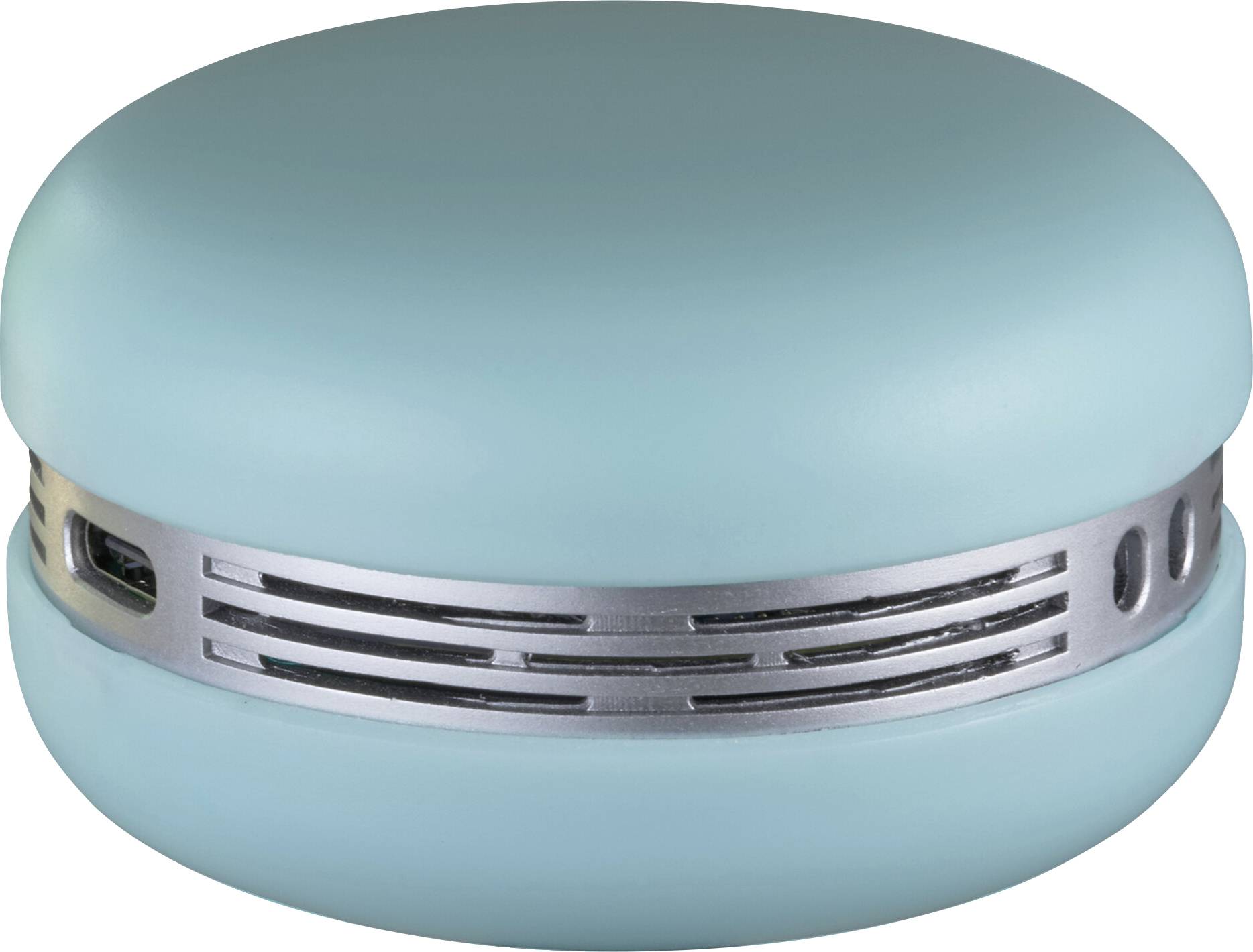 Un petit appareil électronique rond et bleu, avec une bande de ventilation argentée autour du milieu, ressemblant à un macaron.