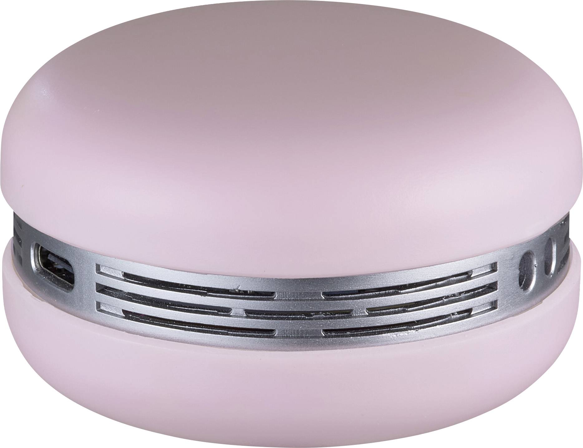 Un haut-parleur portable rose ressemblant à un macaron, doté d'un anneau argenté sur le pourtour.