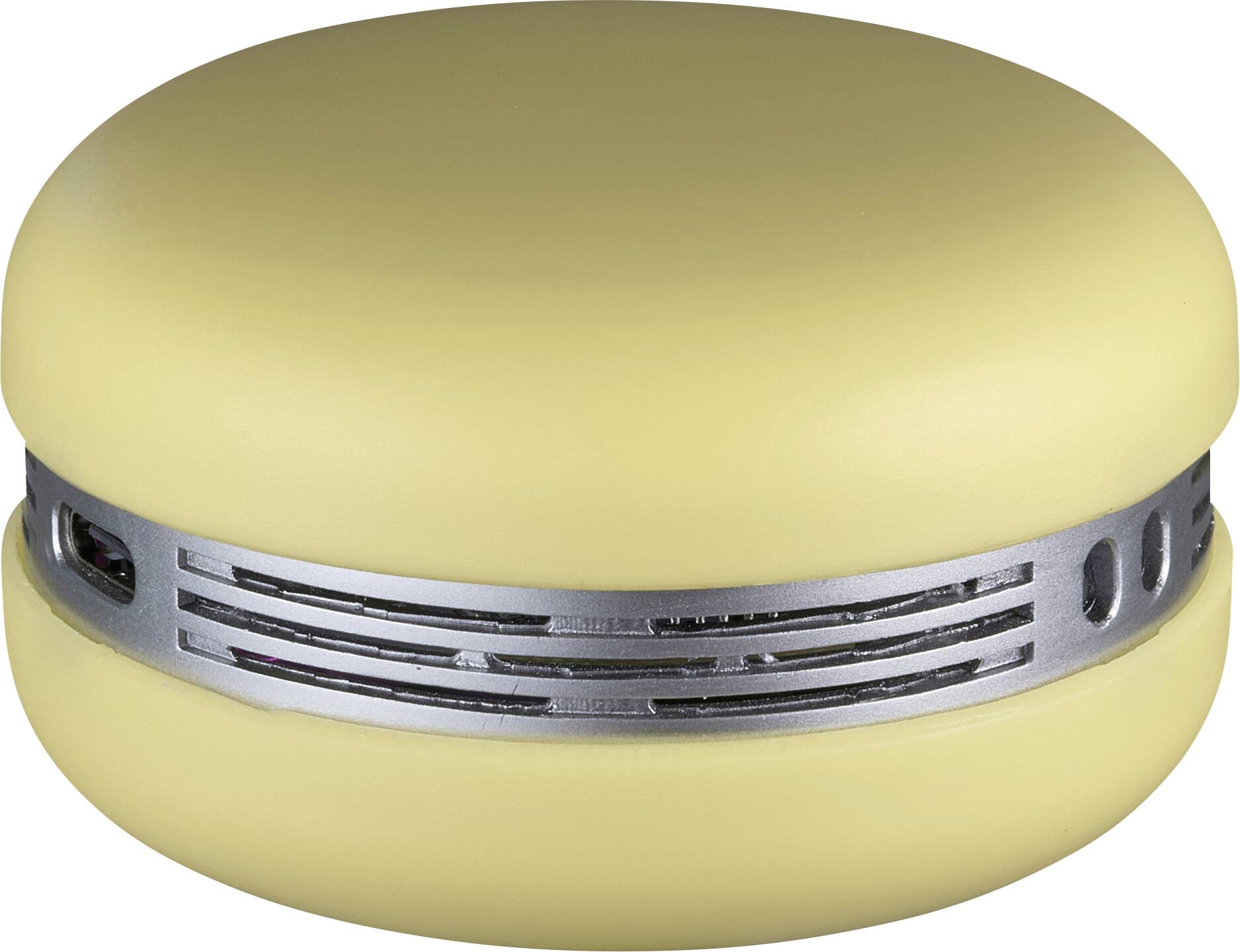 Un purificateur d'air rond de couleur jaune pastel, ressemblant à un macaron, avec une grille métallique autour du milieu, probablement pour la circulation de l'air.