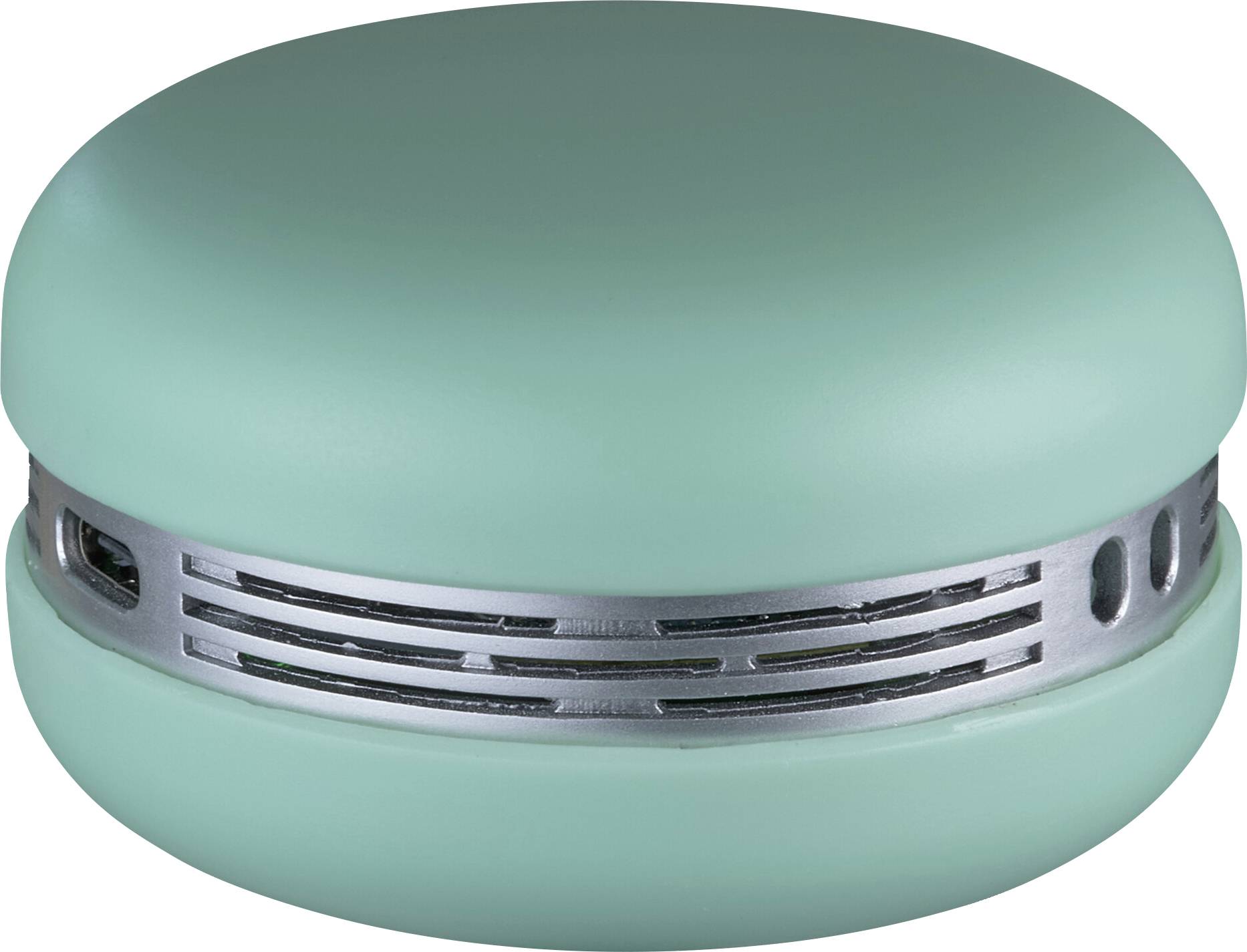 Un purificateur d'air portable en forme de macaron bleu-vert, doté d'une grille métallique autour de sa section médiane.
