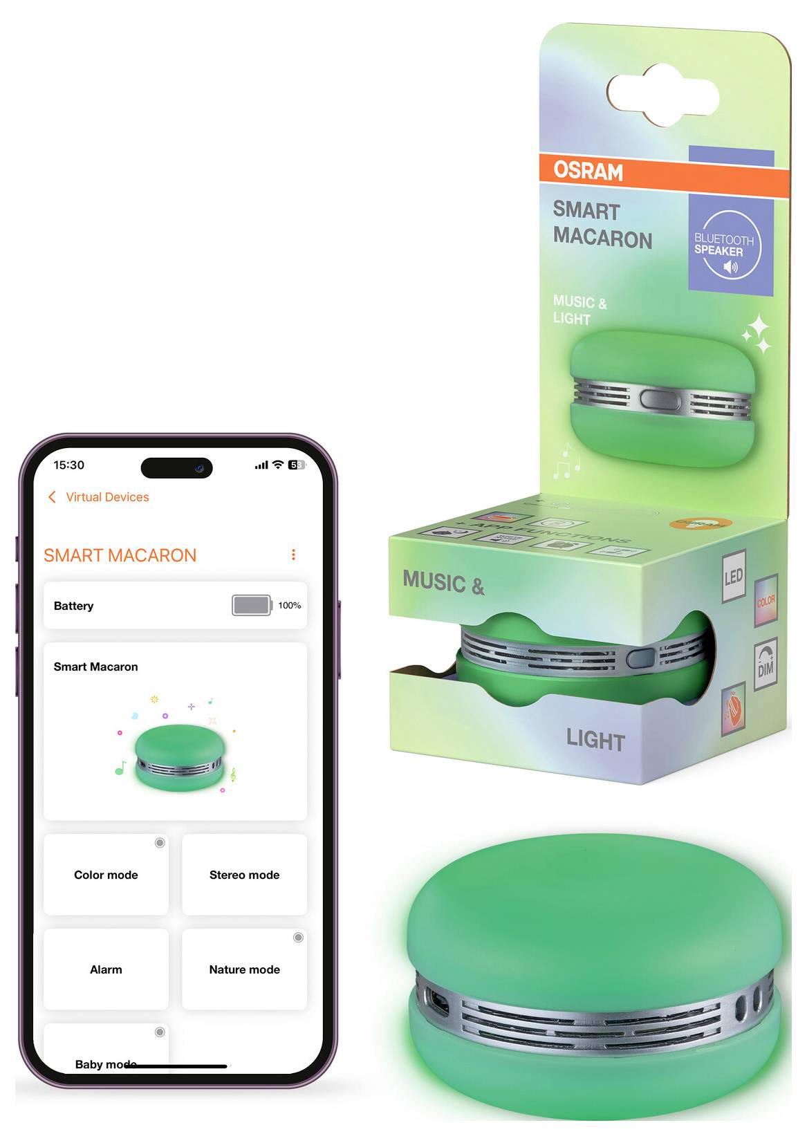 Une application pour smartphone affichant les paramètres d'un appareil lumineux et haut-parleur 'SMART MACARON'. L'emballage et l'appareil vert sont visibles.