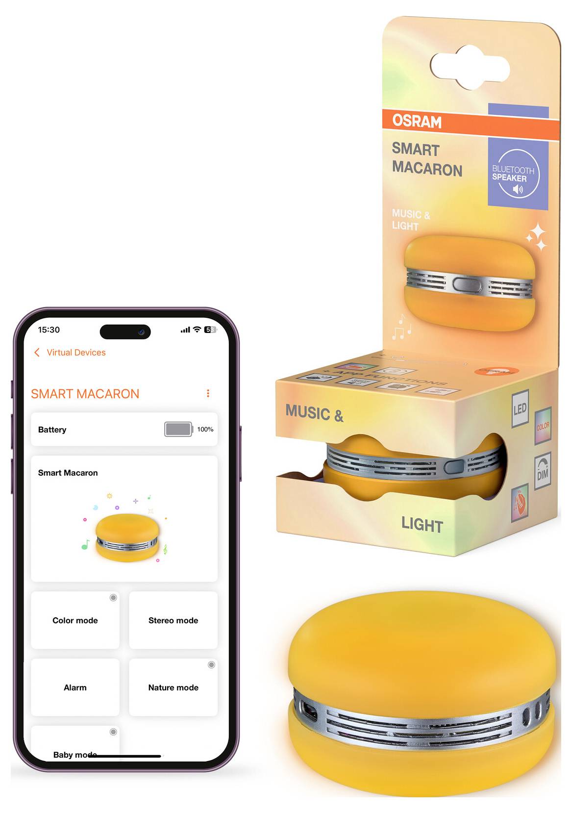 Appareil d'éclairage LED 'OSRAM Smart Macaron' présenté à côté de son emballage. L'interface de l'application pour smartphone affiche des options de contrôle telles que la couleur et le mode stéréo.