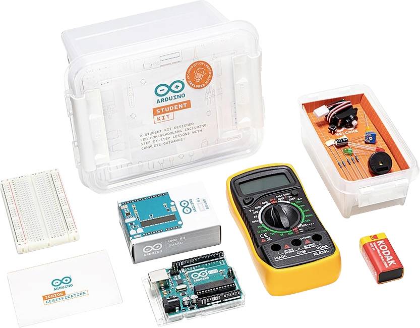 Kit Arduino pour étudiants avec multimètre, composants et livrets d'instructions. Comprend une carte Arduino, une platine de prototypage et des composants électroniques.
