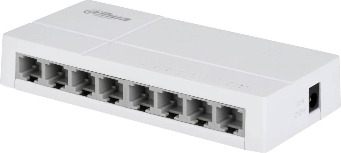 Un commutateur réseau à huit ports avec un boîtier blanc et un logo de marque, utilisé pour connecter plusieurs appareils dans un réseau local.