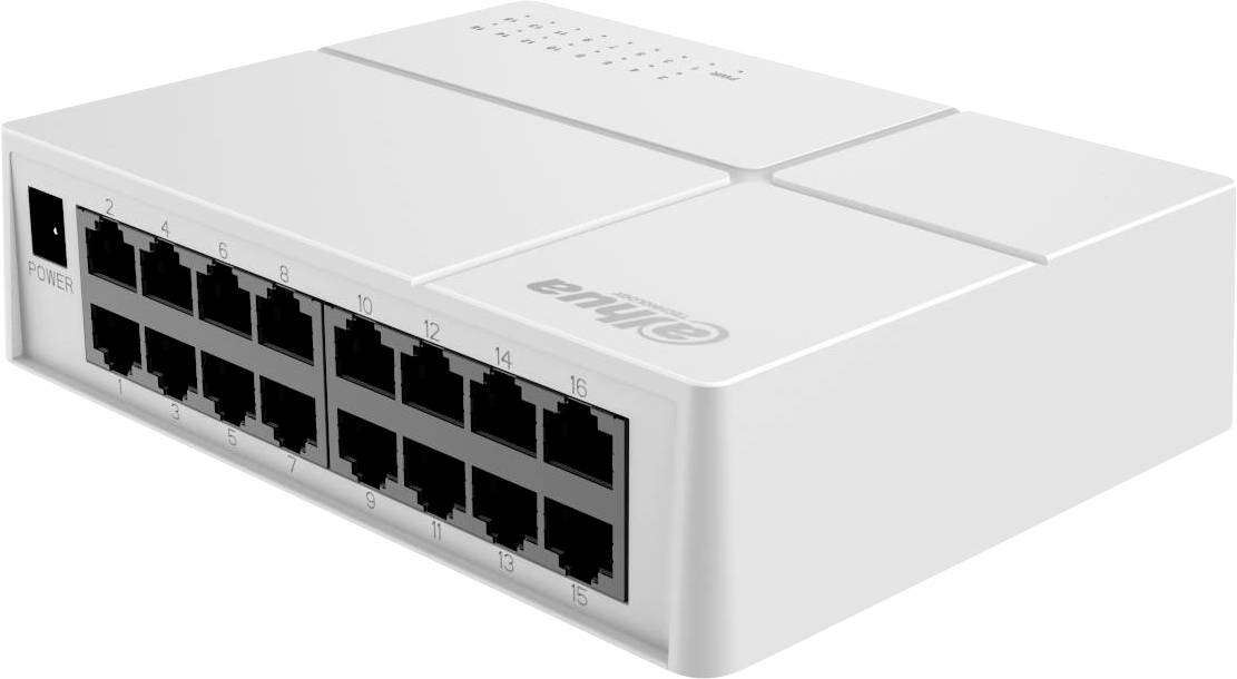 Un commutateur réseau blanc à 16 ports avec des numéros étiquetant chaque port est présenté. Il arbore un logo de marque 'Online' sur le dessus.