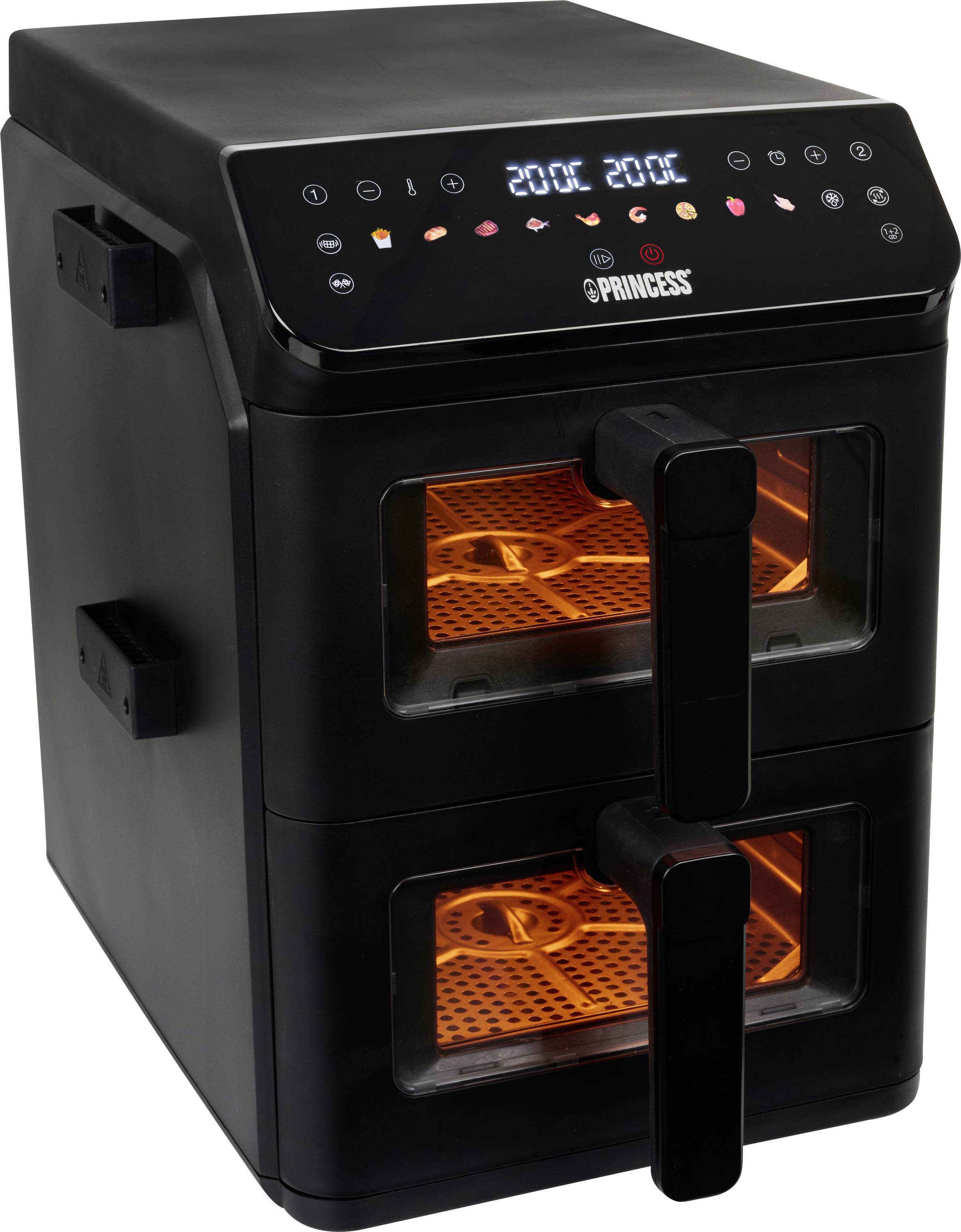 Un air fryer noir à double compartiment avec des commandes numériques sur le dessus, chaque compartiment étant doté d'une fenêtre et d'une poignée. L'affichage de température indique 200°C.