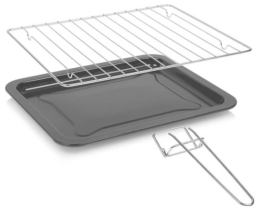 Un plateau de cuisson avec une grille métallique posée dessus et une poignée amovible posée à côté.
