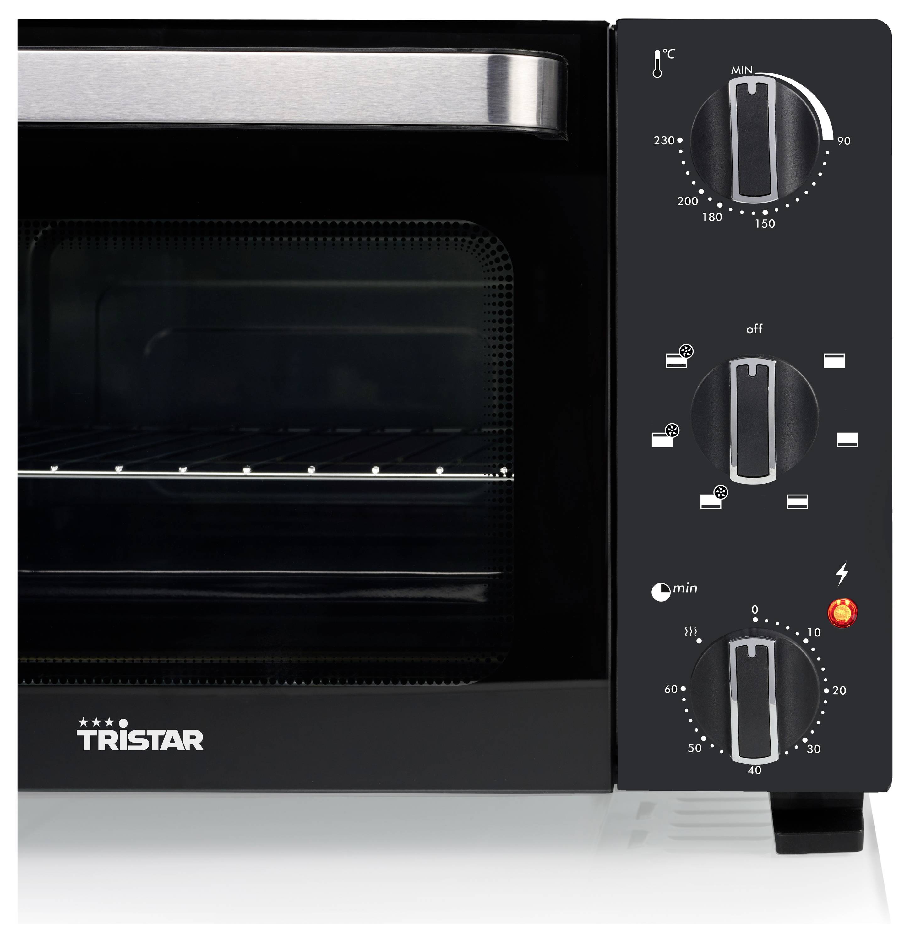 Cuisinière électrique noire avec cadrans de température et de minuterie sur la droite. Le nom de marque est visible dans le coin inférieur gauche.