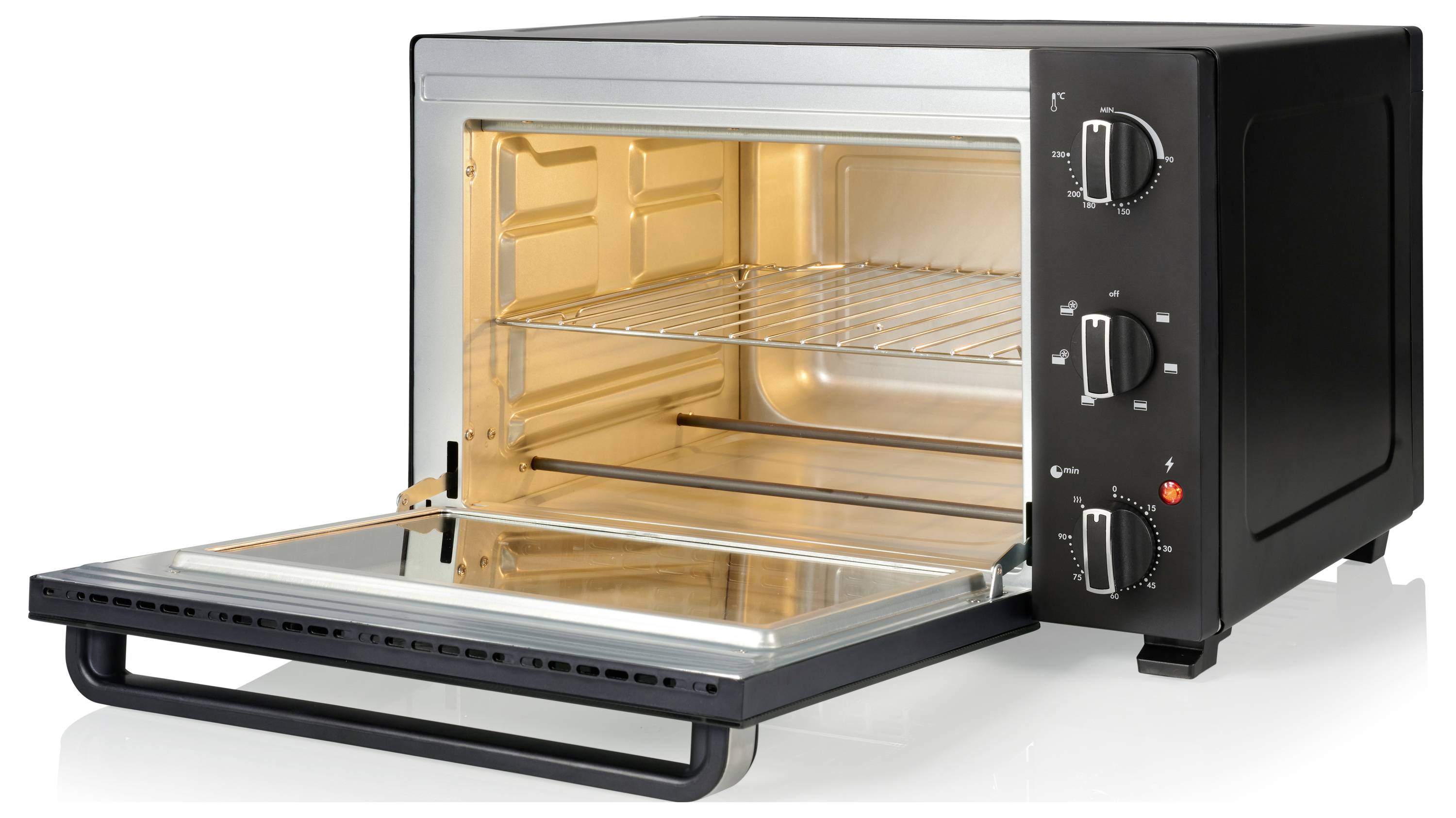 A black and silver toaster oven with an open door, showing two wire shelves inside. Three control knobs are visible on the side.