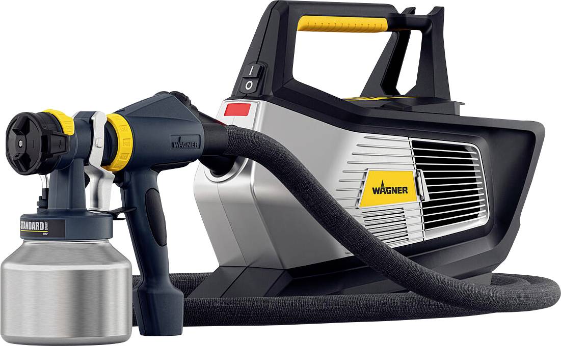 Un pistolet de peinture aérosol avec un design jaune et noir, doté d'un réservoir argenté pour la peinture, portant la marque « Wagner ».