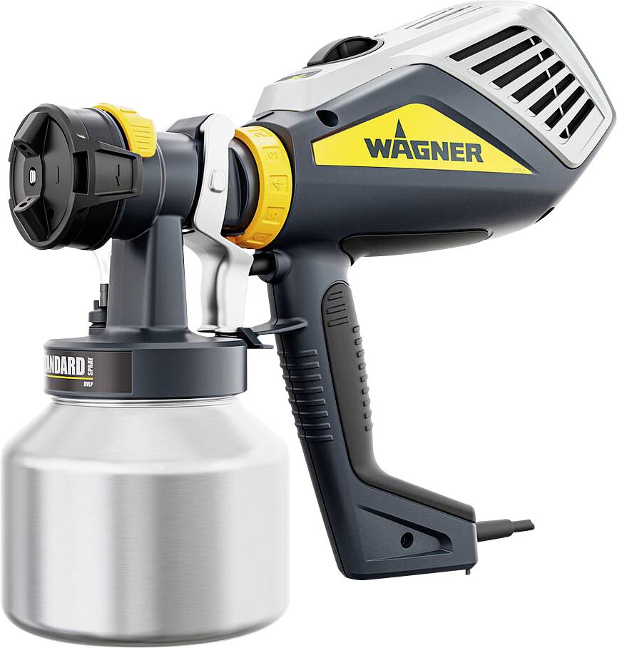 Un pistolet de pulvérisation portable de marque 'Wagner', équipé d'un récipient attaché, conçu pour une application facile de différents revêtements sur des surfaces.