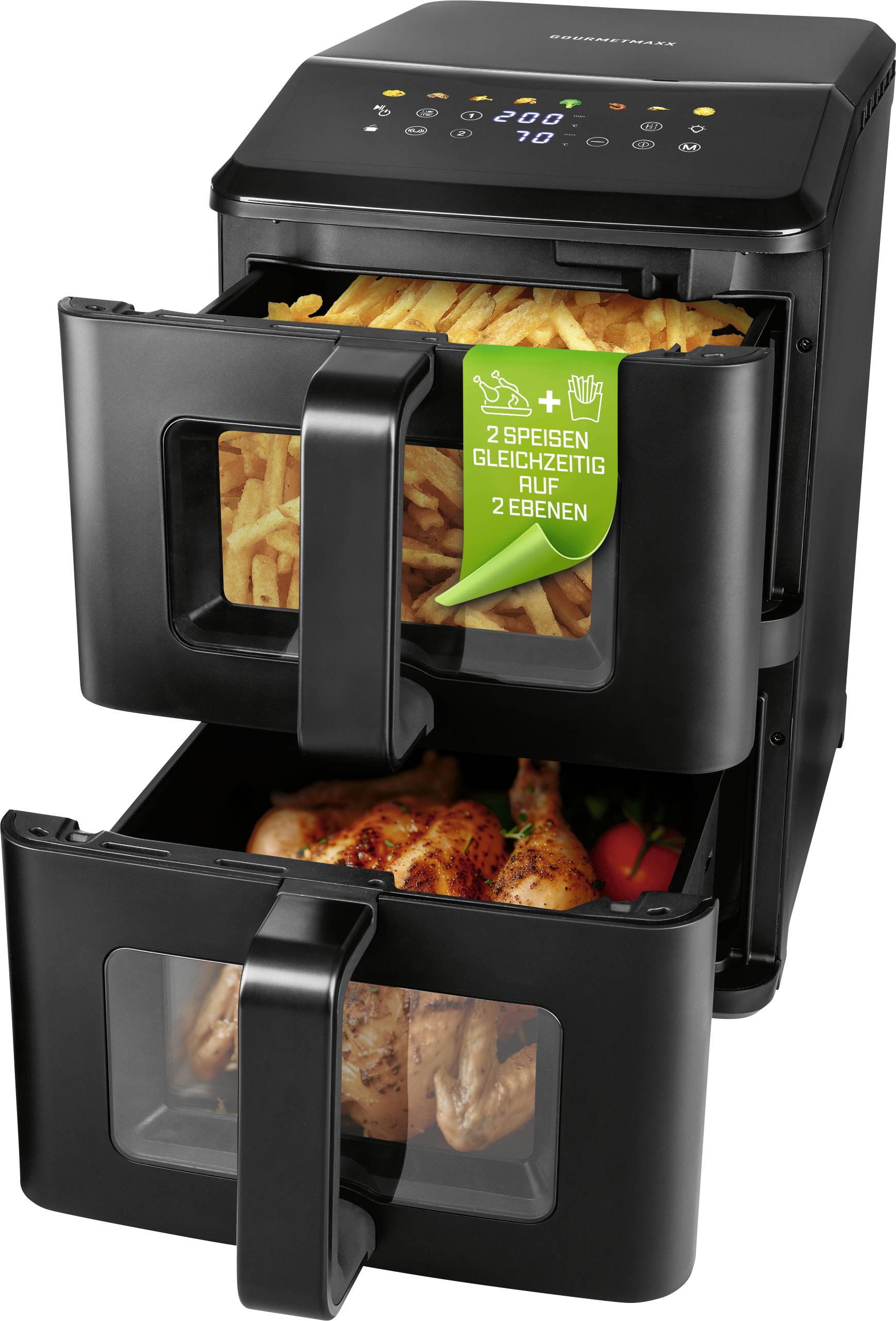 Un friteuse à air chaud à double tiroir avec des frites dans le tiroir du haut et du poulet rôti dans le tiroir du bas. Une étiquette verte indique : « 2 plats simultanément sur 2 niveaux. »