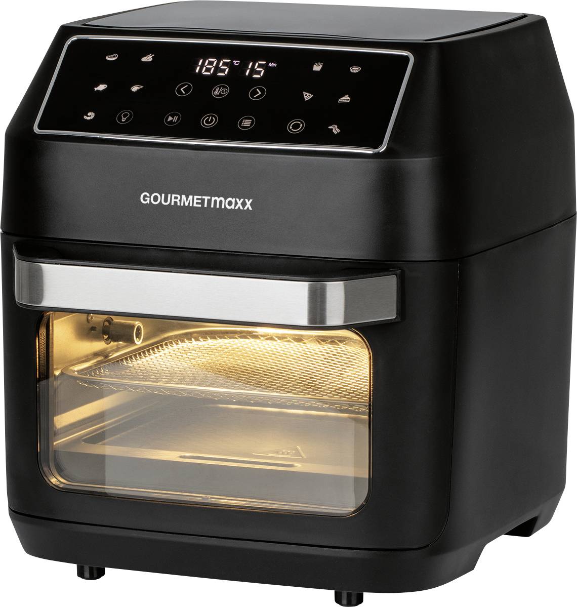 Friteuse à air comprimé à comptoir noir avec commandes numériques et affichage indiquant '185° 15'. La lumière intérieure révèle une grille métallique à l'intérieur.