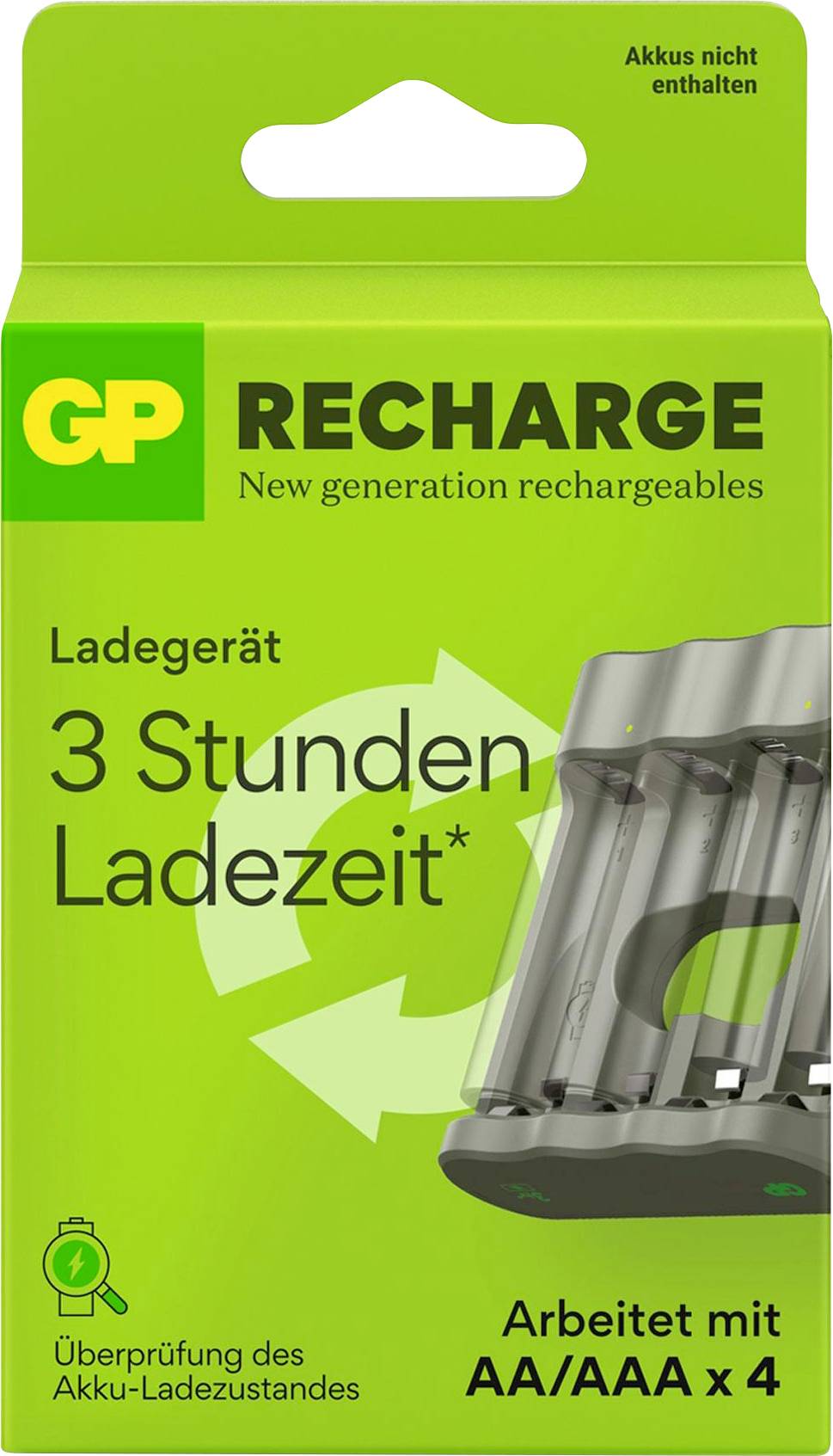 Emballage de vente vert pour chargeur de batteries GP Recharge. Texte indiquant 'Chargeur 3 heures de temps de charge'. Contient un chargeur AA/AAA pour quatre batteries.